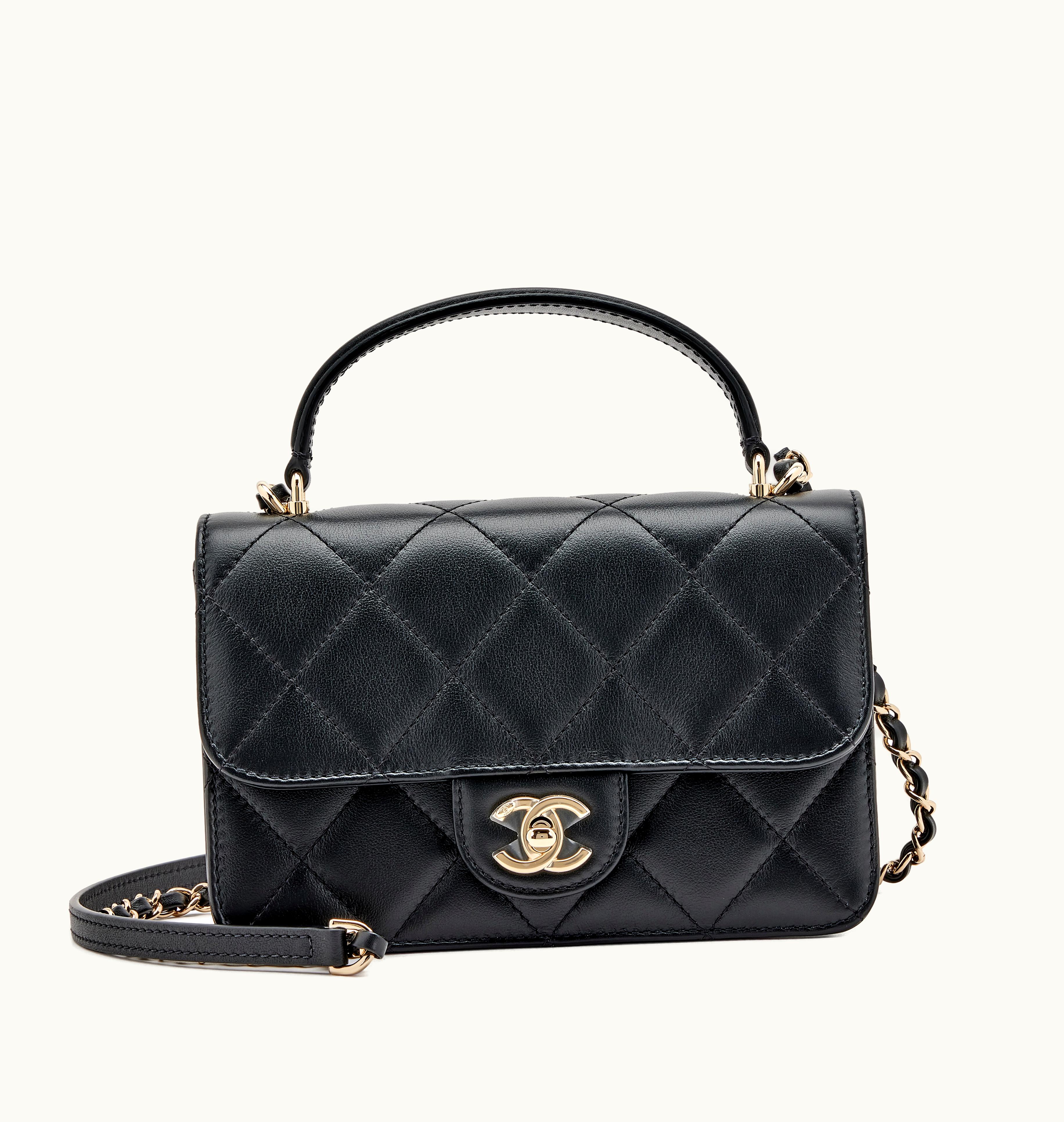 Chanel Chanel Small Black Lambskin Quilted Top Handle Flap Pale Gold Hardware, 2021 Version