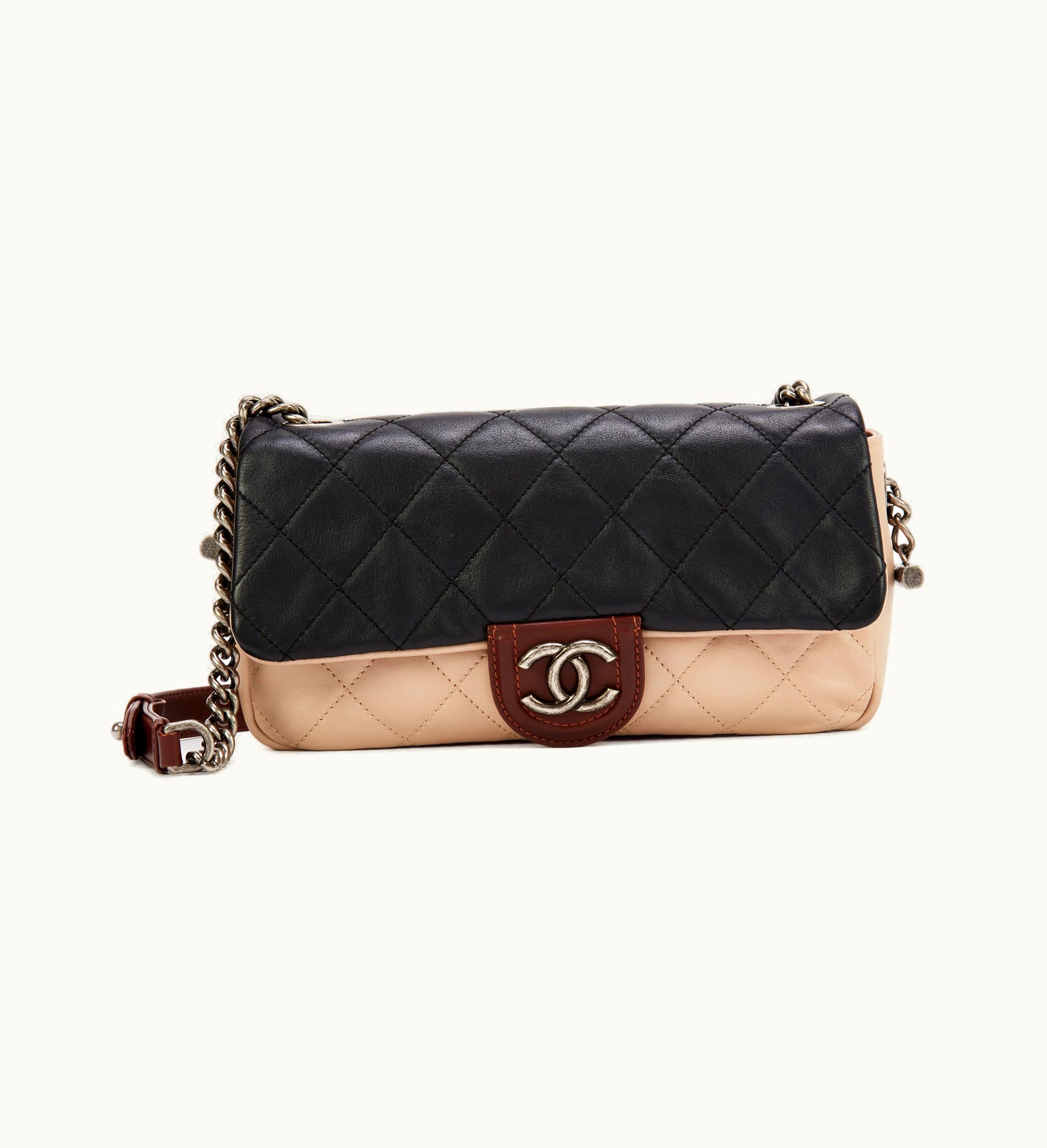 Chanel Chanel Black, Beige, and Brown Quilted Lambskin Medium Country Chic Single Flap Ruthenium Hardware, 2012
