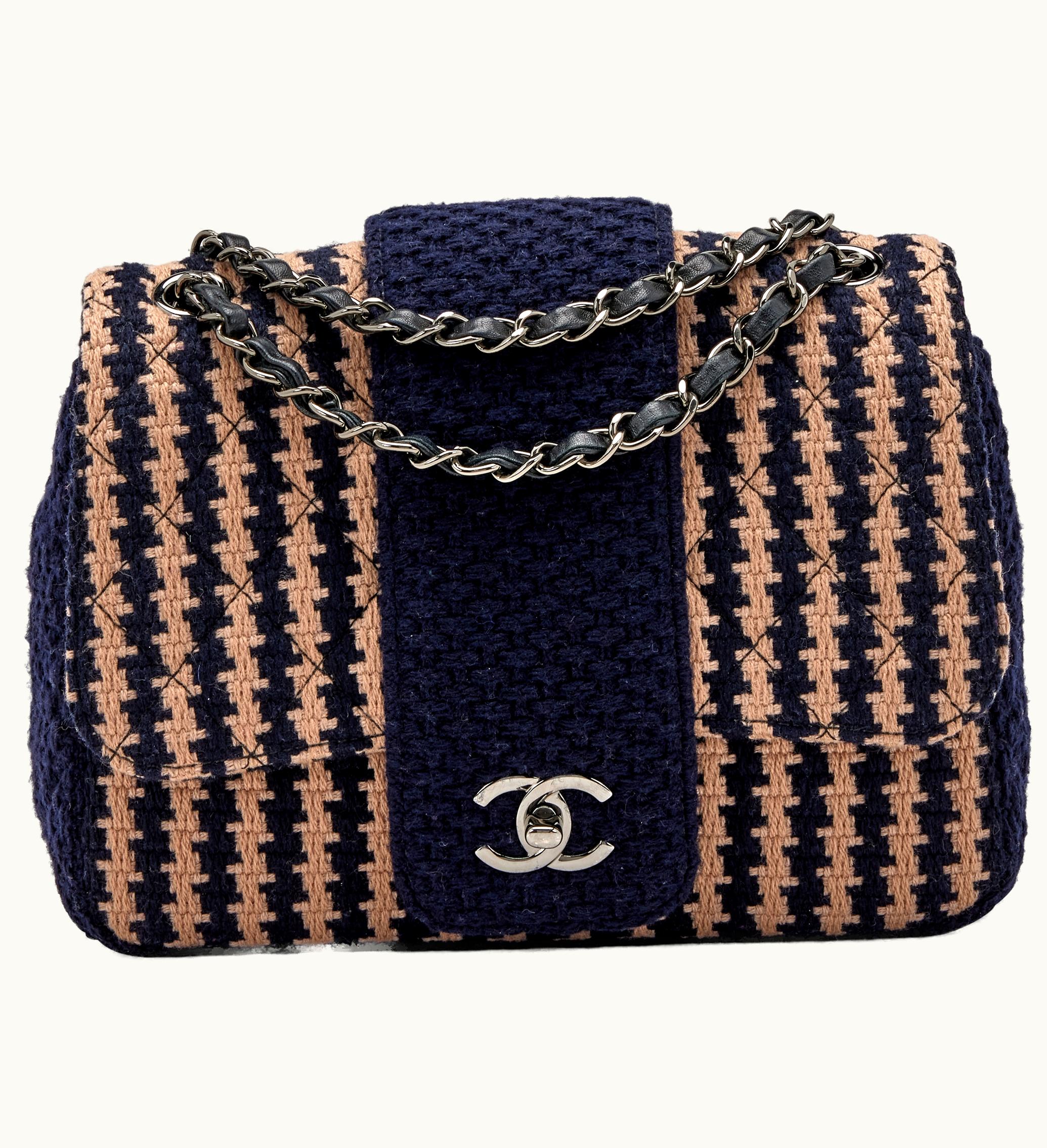 Chanel Chanel Navy and Beige Knit Tweed Small Elementary Chic Flap Ruthenium Hardware, 2015-2016