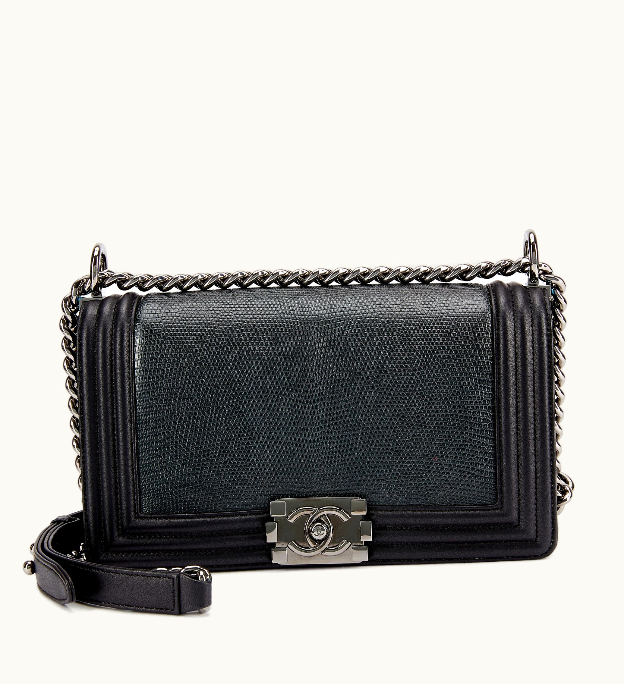Chanel Chanel 2016 Chanel Black Calfskin and Lizard Boy Bag with Silver Hardware