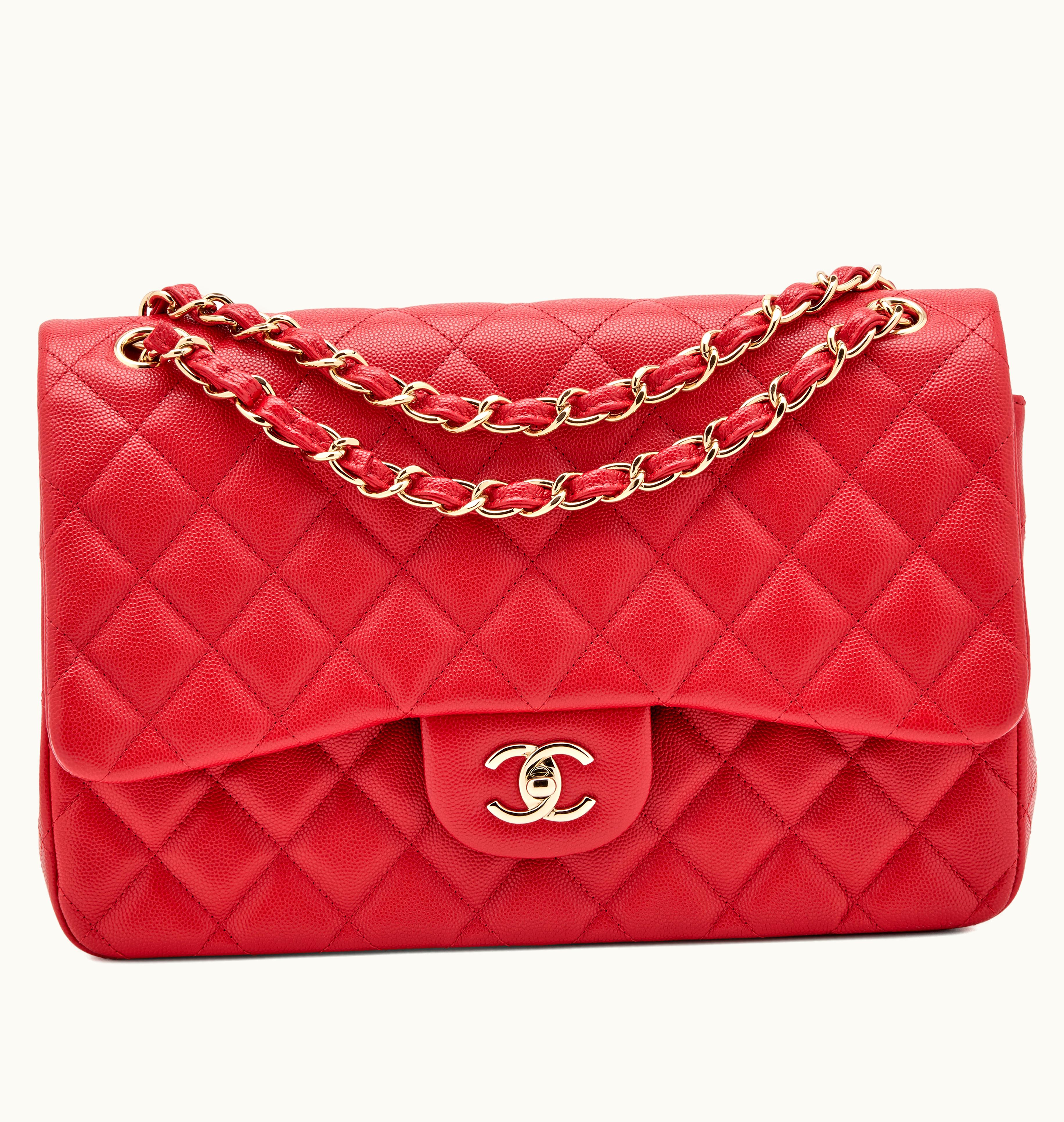 Chanel Chanel Jumbo Classic Double Flap Bag in Quilted Caviar Red with Pale Gold Hardware, released in 2019