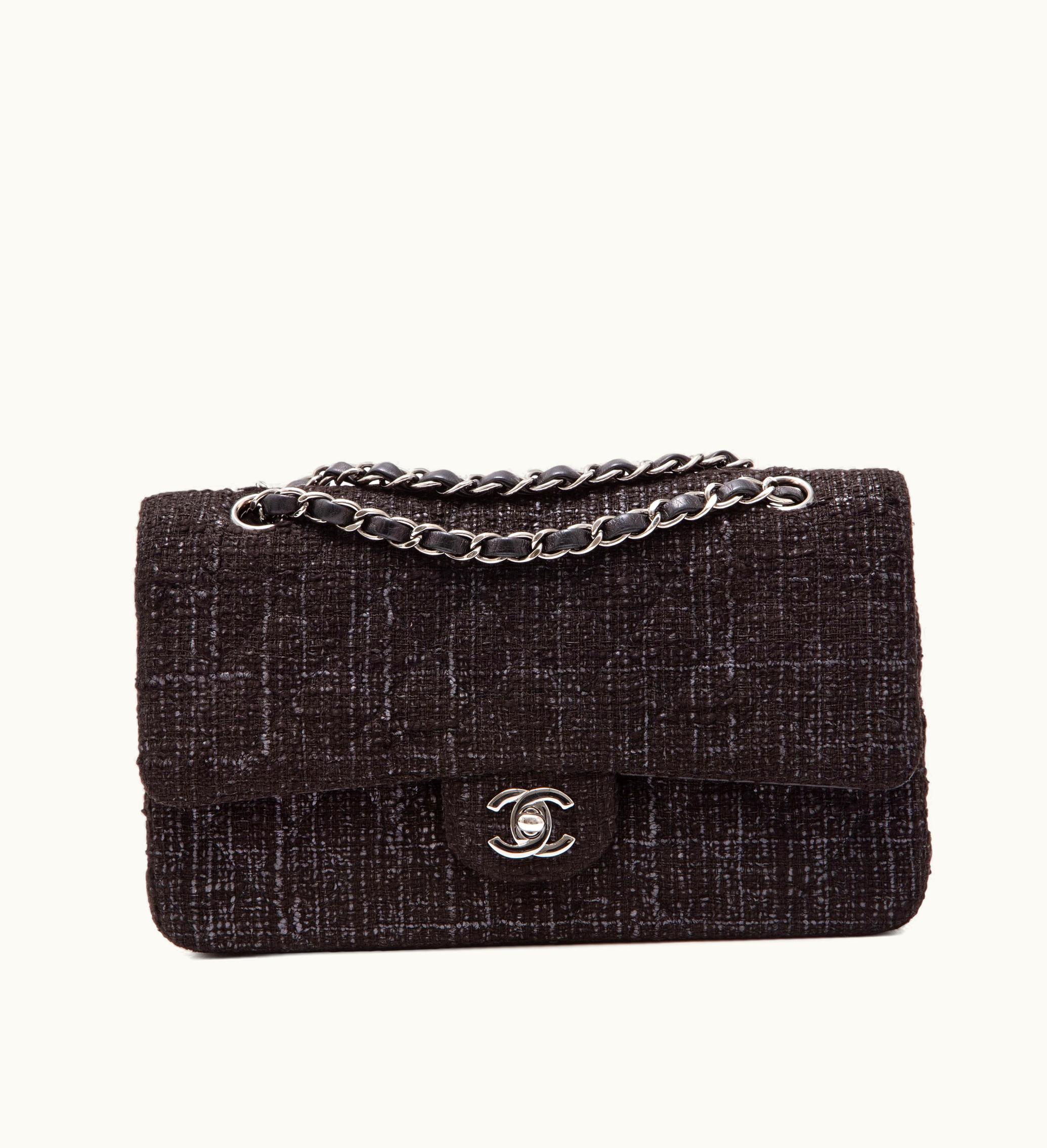 Chanel Chanel 2005 Chanel Medium Double Flap Bag in Black Quilted Tweed with Silver Hardware