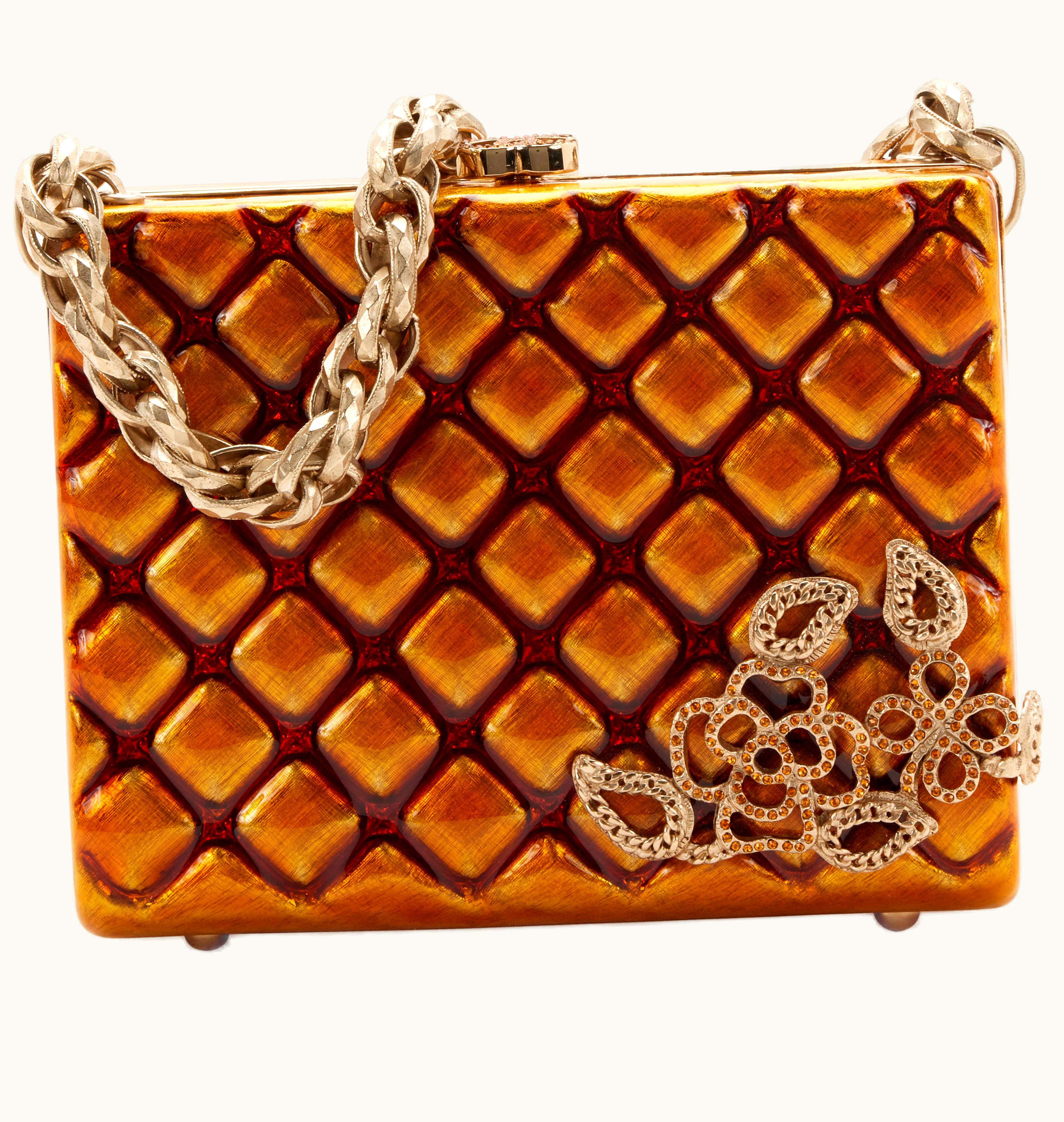 Chanel Chanel Evening Box Bag from 2007 features a stunning Gold Hardware with a Quilted Enamel Embellished Camellia design and a Chain Handle