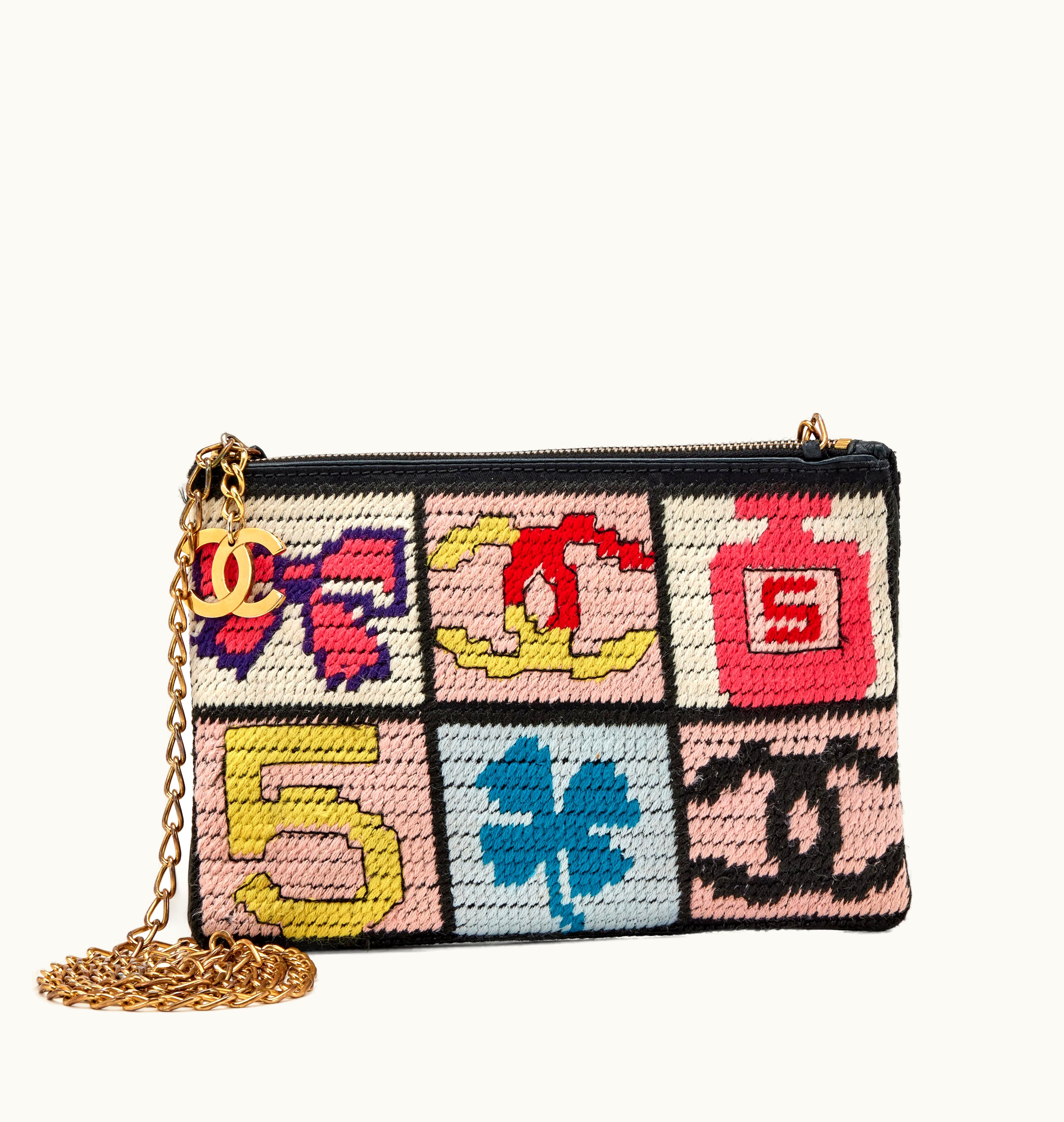 Chanel Chanel Wool Precious Symbols Needle Point Shoulder Bag with Gold Hardware, from the years 2003-2004
