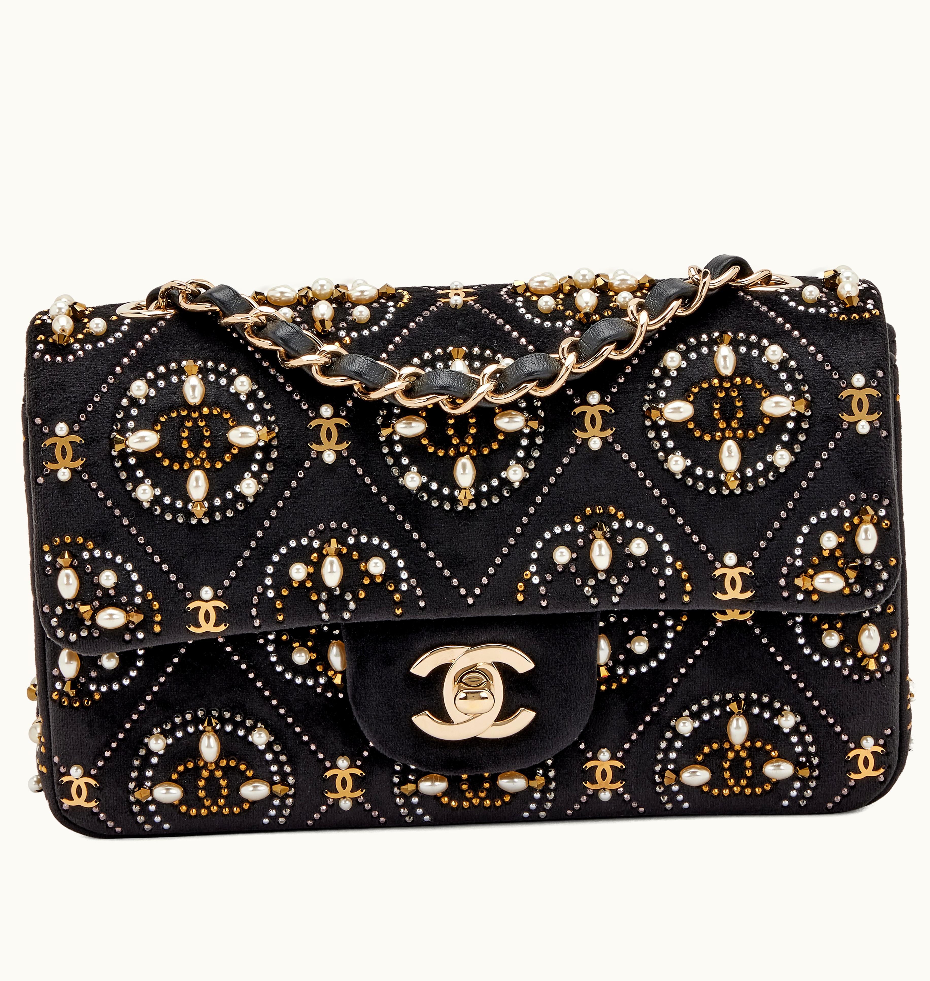 Chanel Chanel 2020 Chanel Mini Classic Flap with Gold Hardware, adorned with Black Velvet, Imitation Pearl, and Strass CC Embellishments