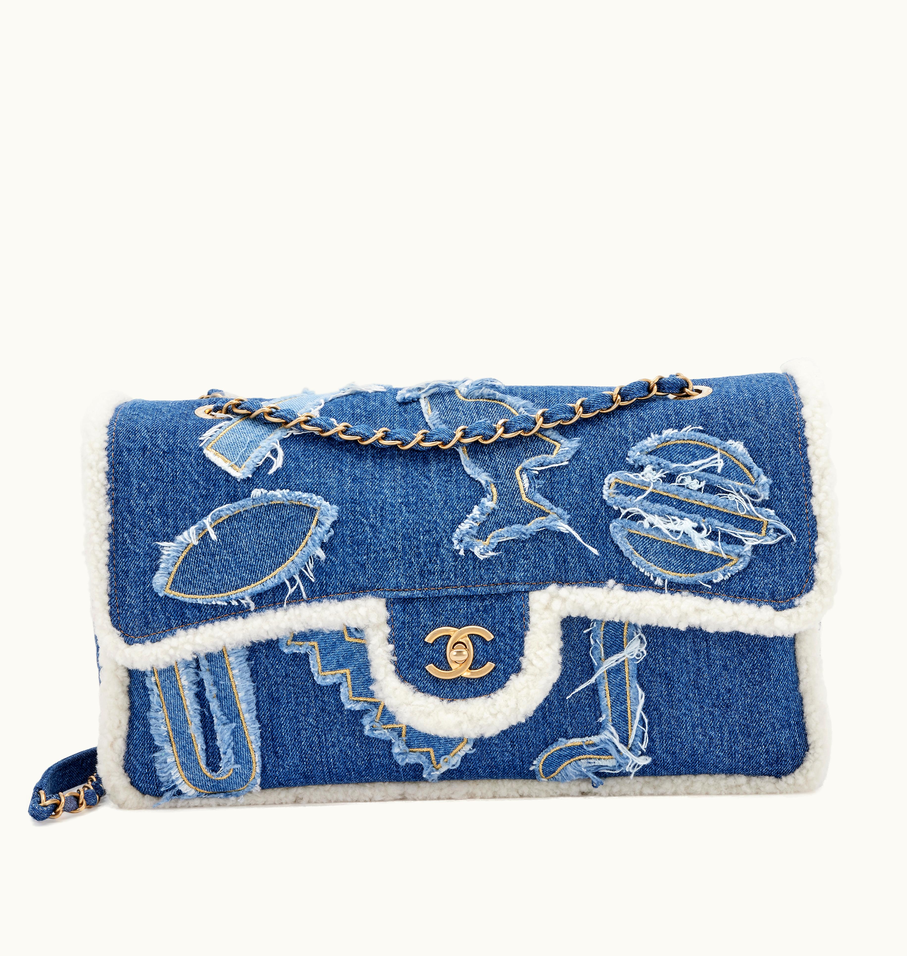 Chanel Chanel Blue Denim, White Shearling Paris-New York Hieroglyph Maxi Flap Gold Hardware, 2019