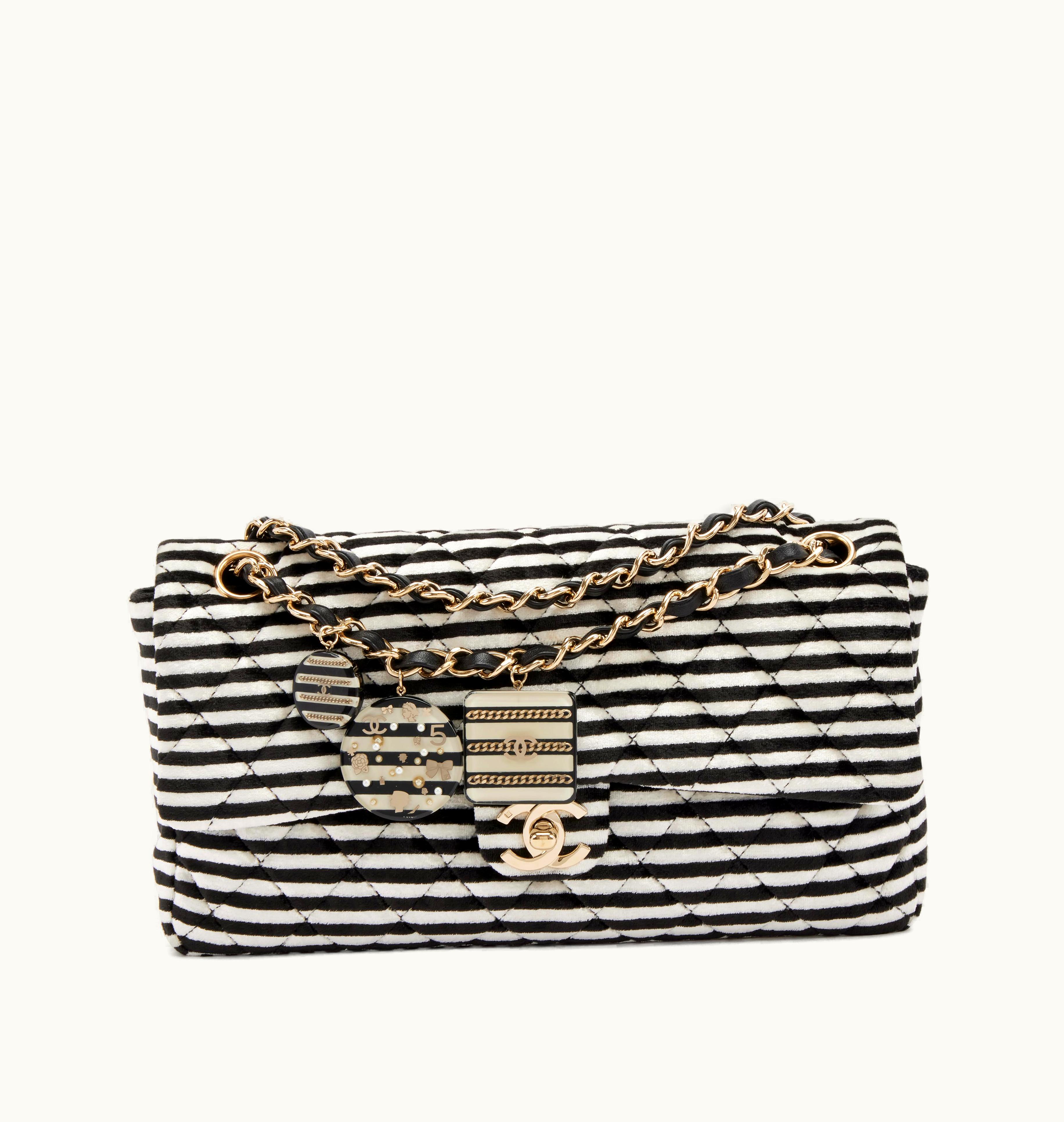 Chanel Chanel Black and White Quilted Striped Velvet Charms Medium Single Flap Bag Gold Hardware, 2006-2008