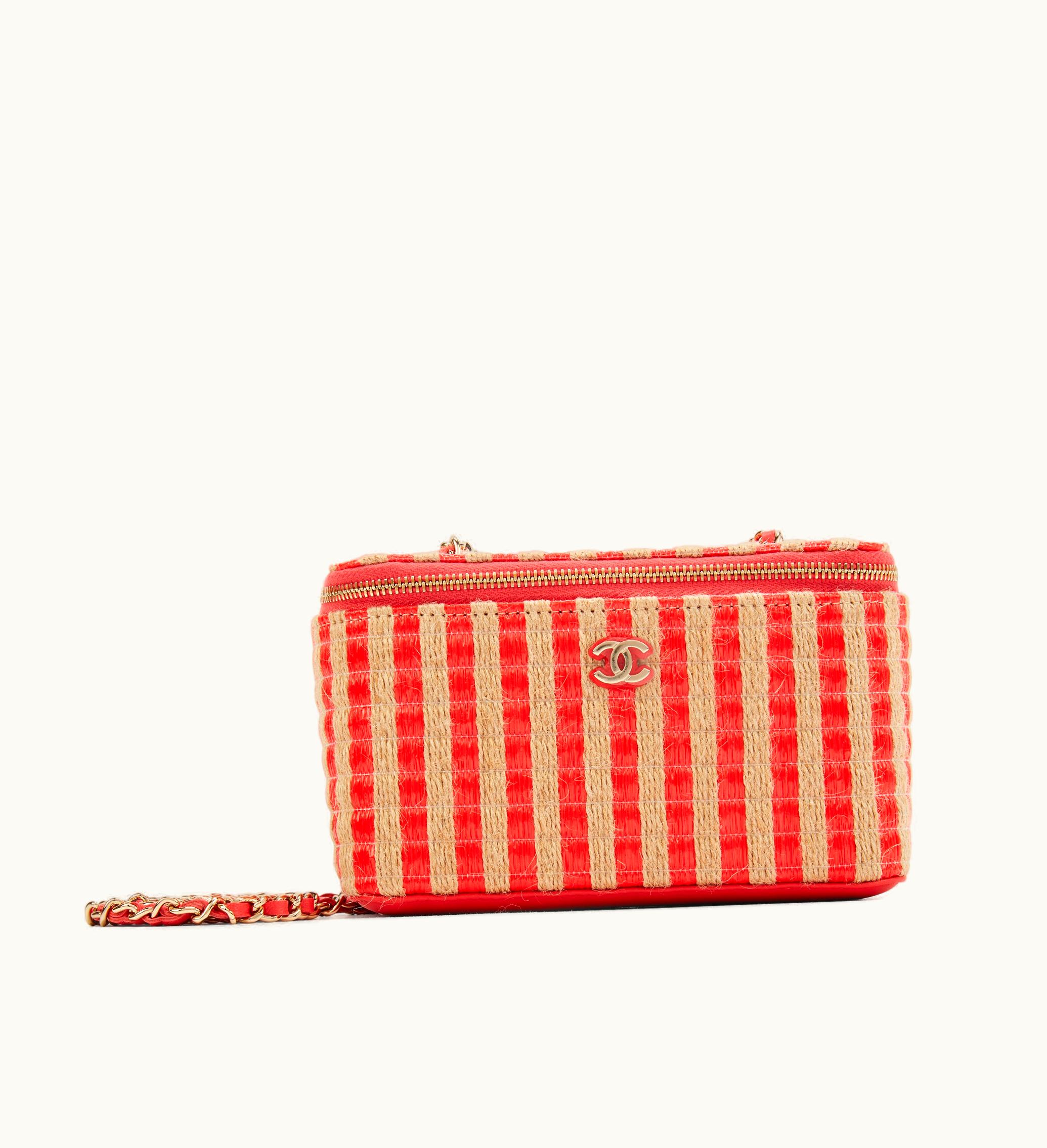 Chanel Chanel Red and Beige Raffia, Jute and Lambskin Mini Rectangular Vanity with Chain Gold Hardware, 2021