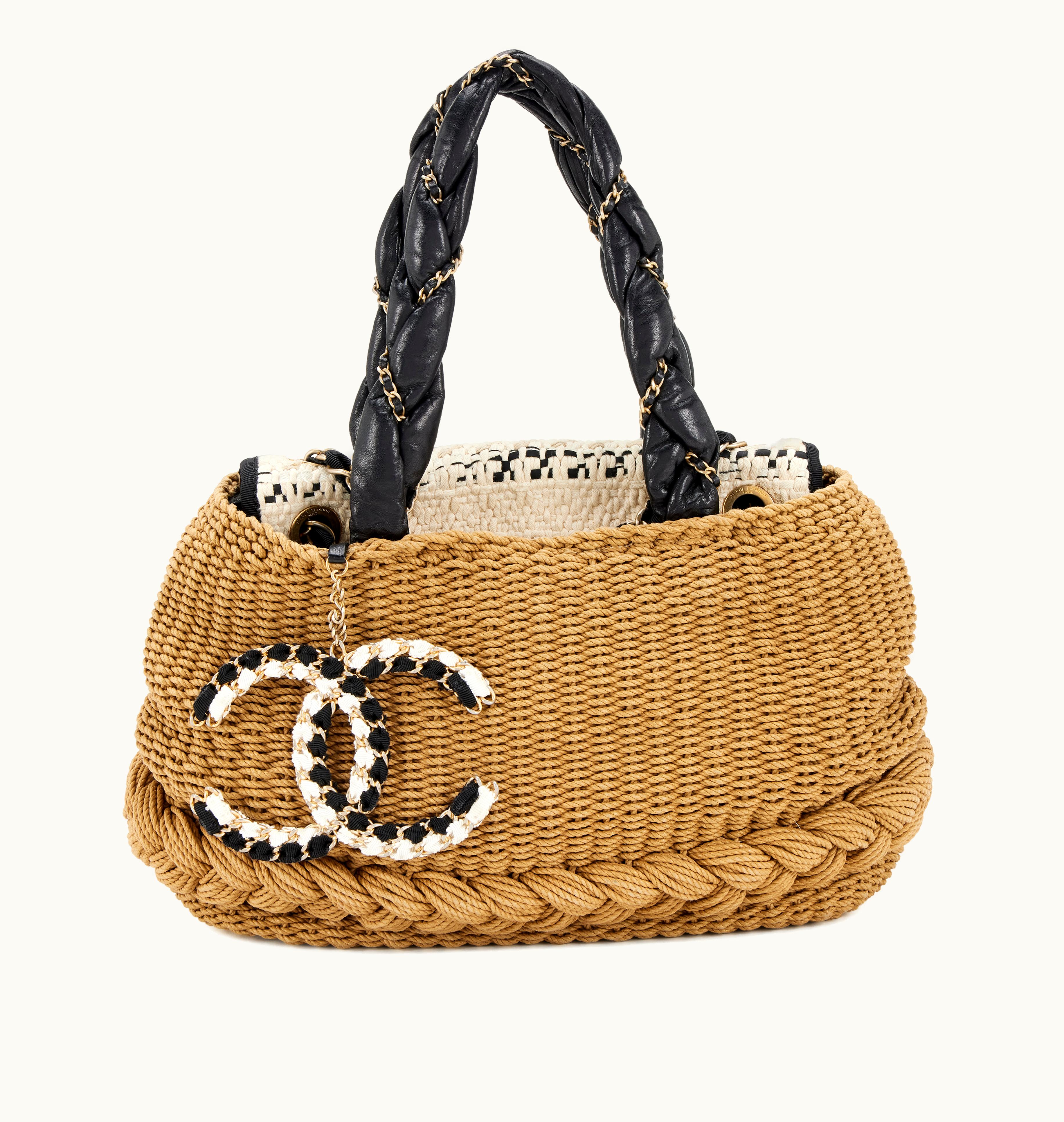 Chanel Chanel Beige and Cream Woven Raffia Black Lambskin Braided Handle Coco Country Tote Brushed Gold Hardware, 2009-2010