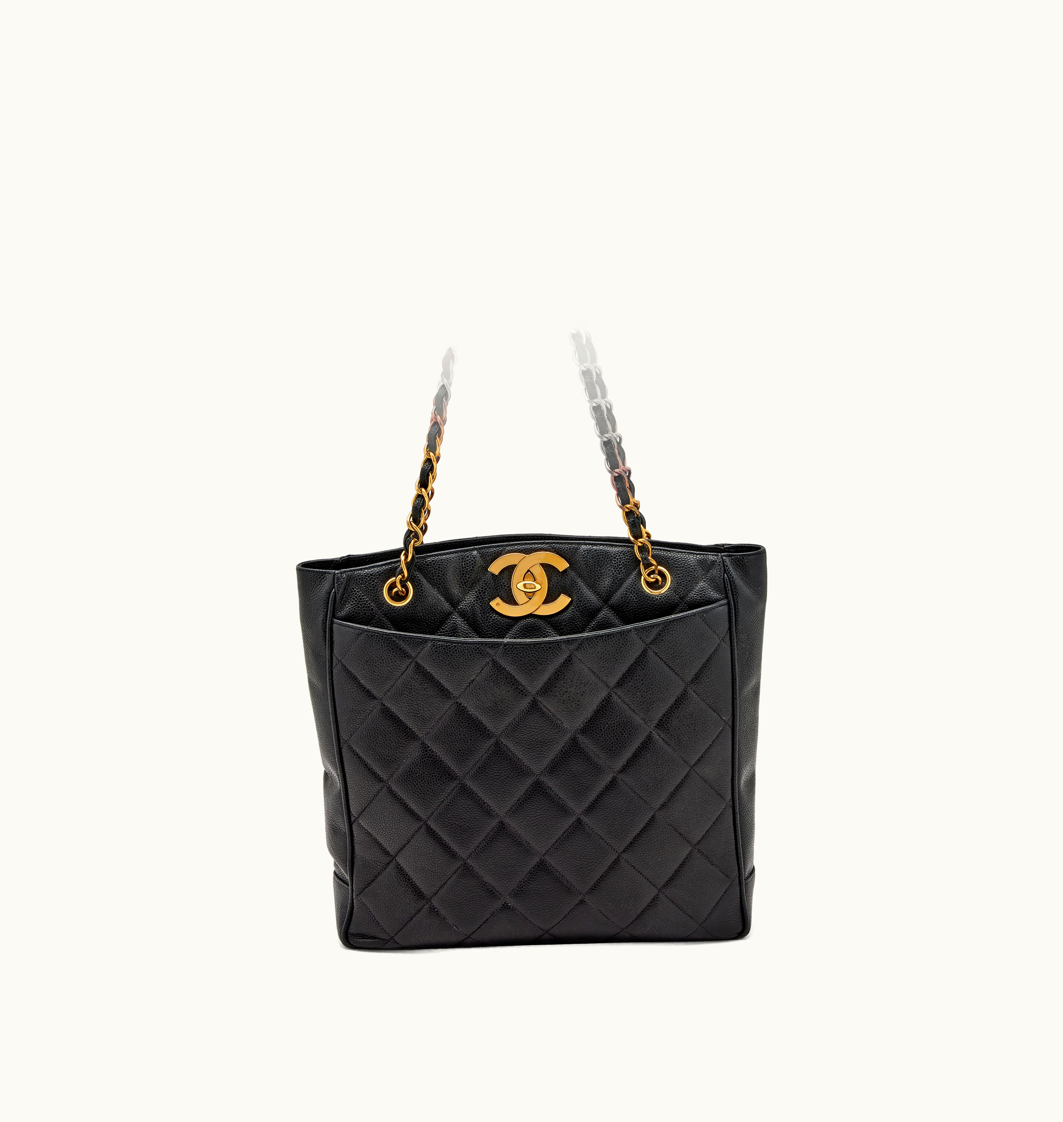 Chanel Chanel Black Caviar Quilted Open Top Tote with Tall Turn Lock, Gold Hardware, 1991-1994