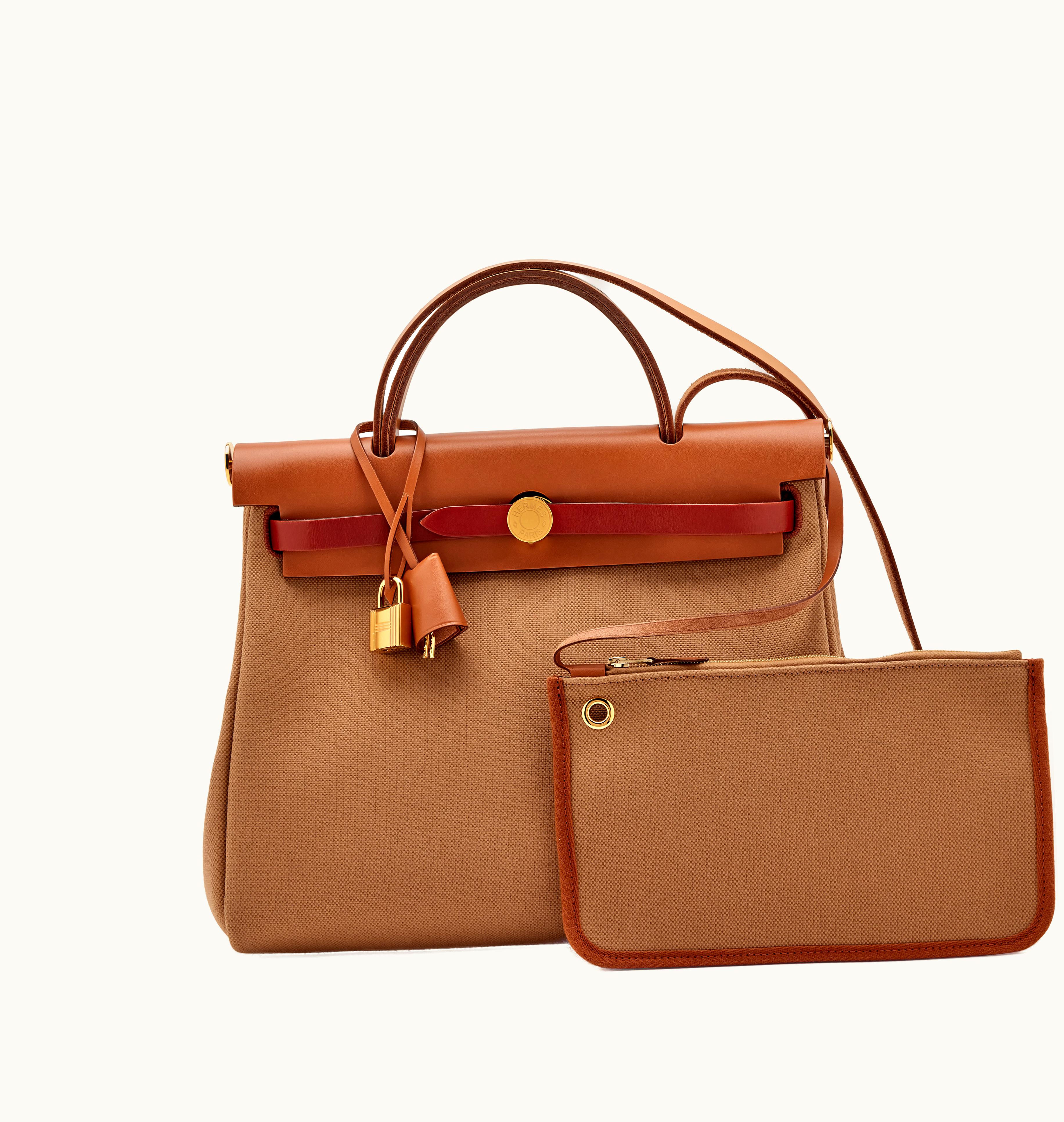 Hermès Hermès Fawn Cow Leather & Taupe Canvas Herbag 31 with Gold Hardware, 2022