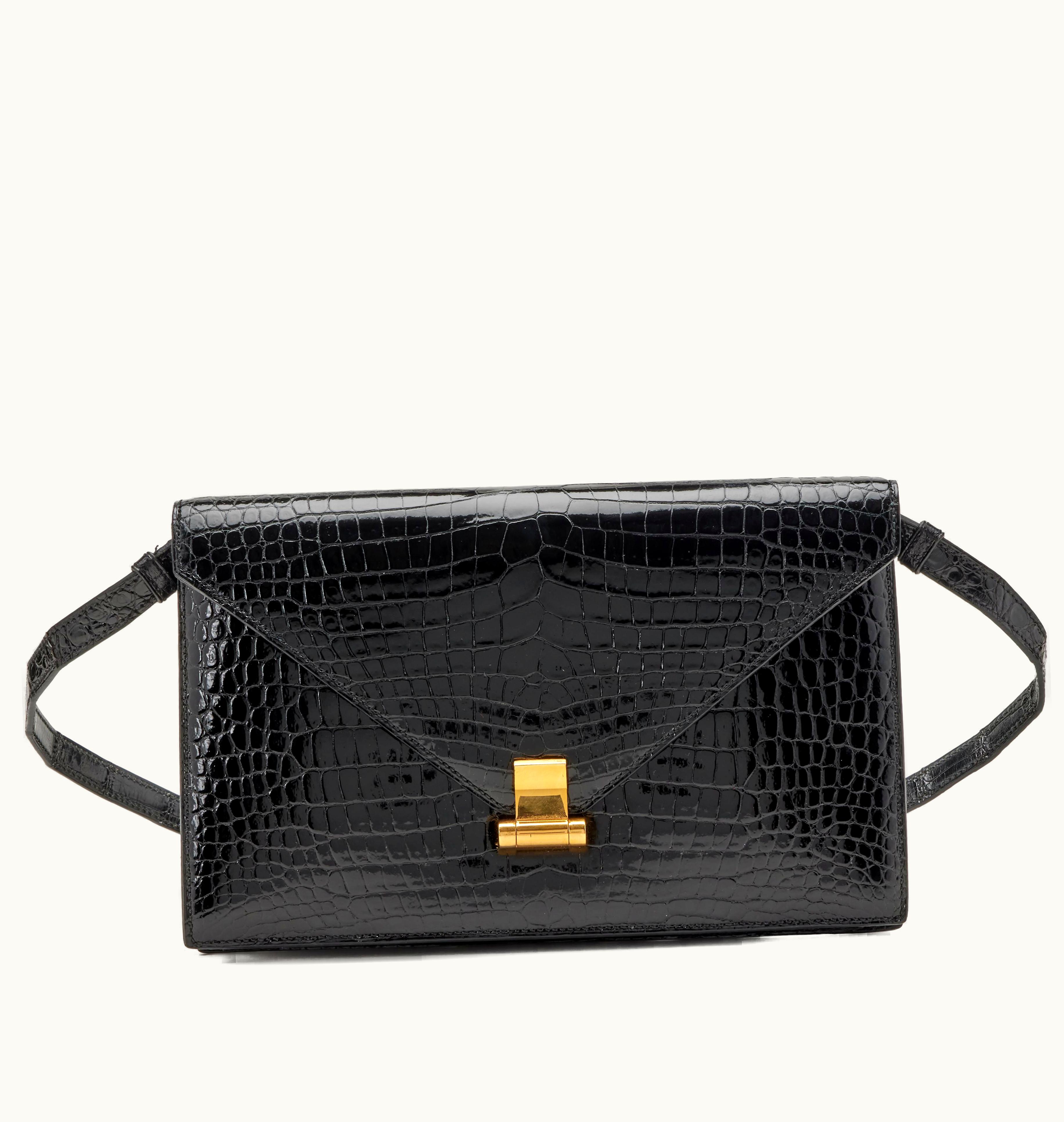 Hermès Hermès Cendrillon Flap Bag, Black Crocodile with Shiny Finish and Gold Hardware, Vintage 1975 Edition