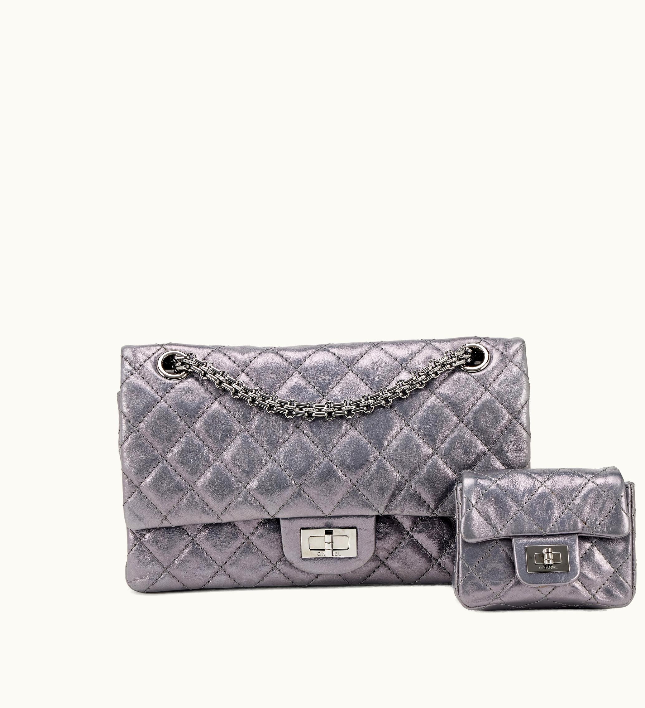 Chanel Chanel Metallic Dark Silver Quilted Calfskin 2.55 Small Reissue 225 Double Flap Ruthenium Hardware, 2008-2009