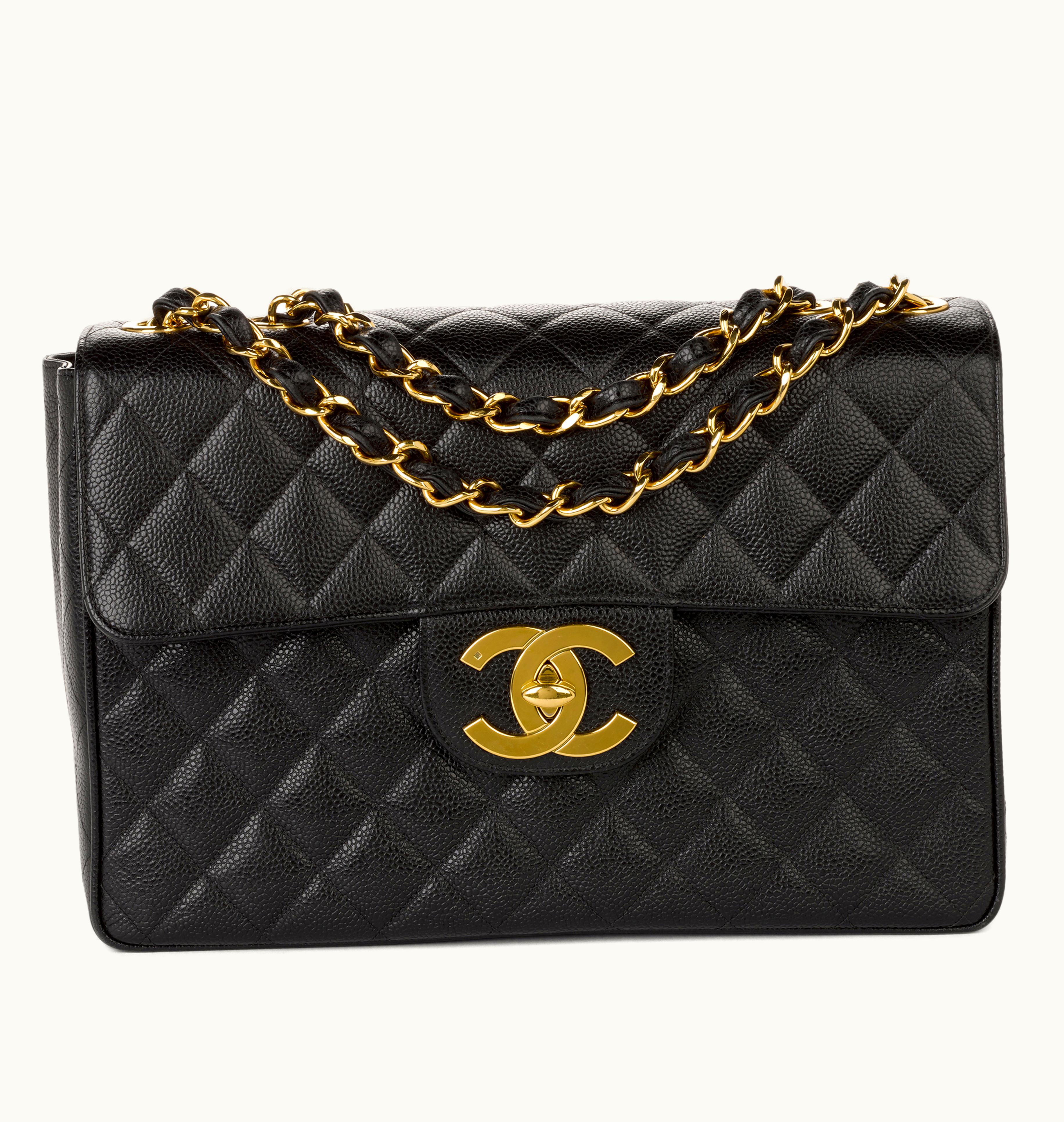Chanel Chanel Jumbo Classic Single Flap with Gold Hardware and Quilted Caviar in Black, Vintage Edition from 1994-1996