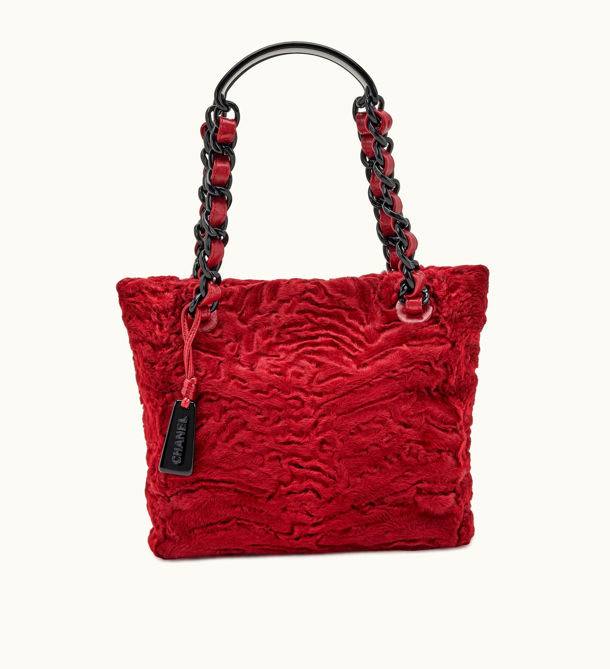 Chanel Chanel Red Astrakhan Persian Lamb Chanel Tote with Black Resin Hardware, from 1997 to 1999