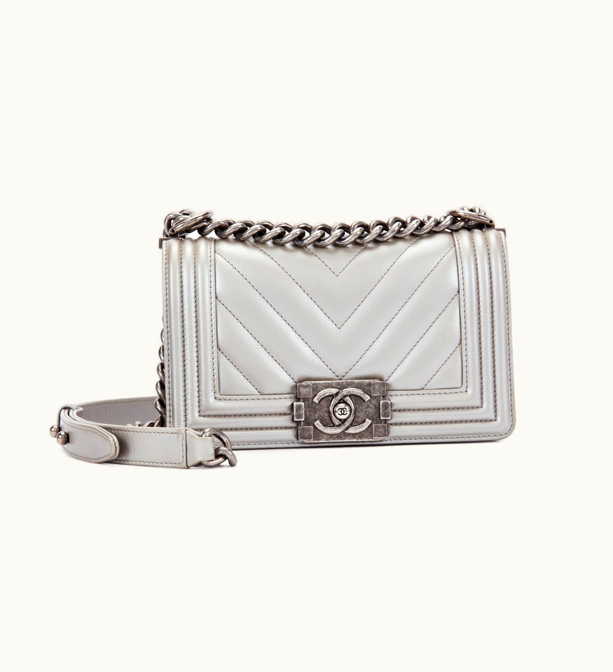 Chanel Chanel 2016 Chanel Small Boy Bag in Metallic Silver Quilted Chevron Caviar with Ruthenium Hardware