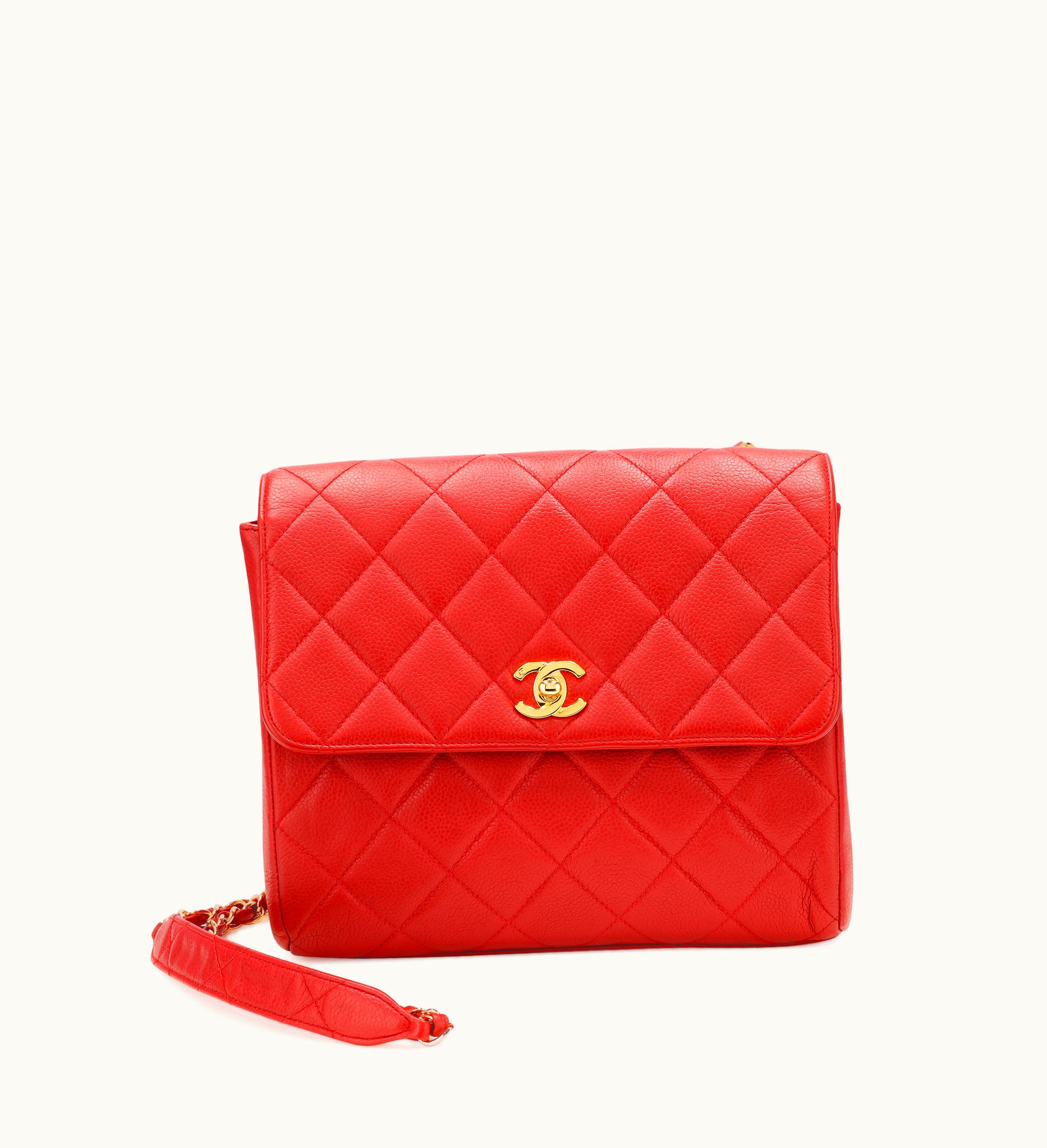 Chanel Chanel Medium Square Flap with Gold Hardware in Red Quilted Caviar, produced between 1994 and 1996