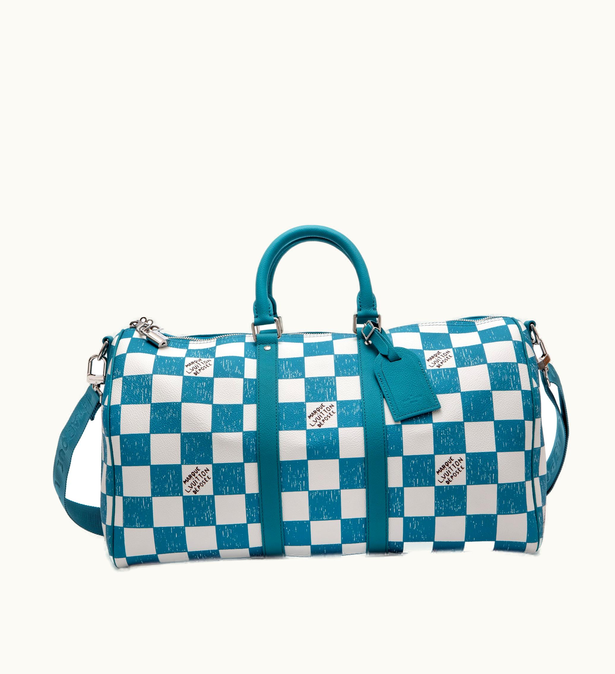 Louis Vuitton Louis Vuitton 2021 Silver Hardware Louis Vuitton Virgil Abloh Teal and White Damier Leather Marque Déposée Keepall Bandoulière 45