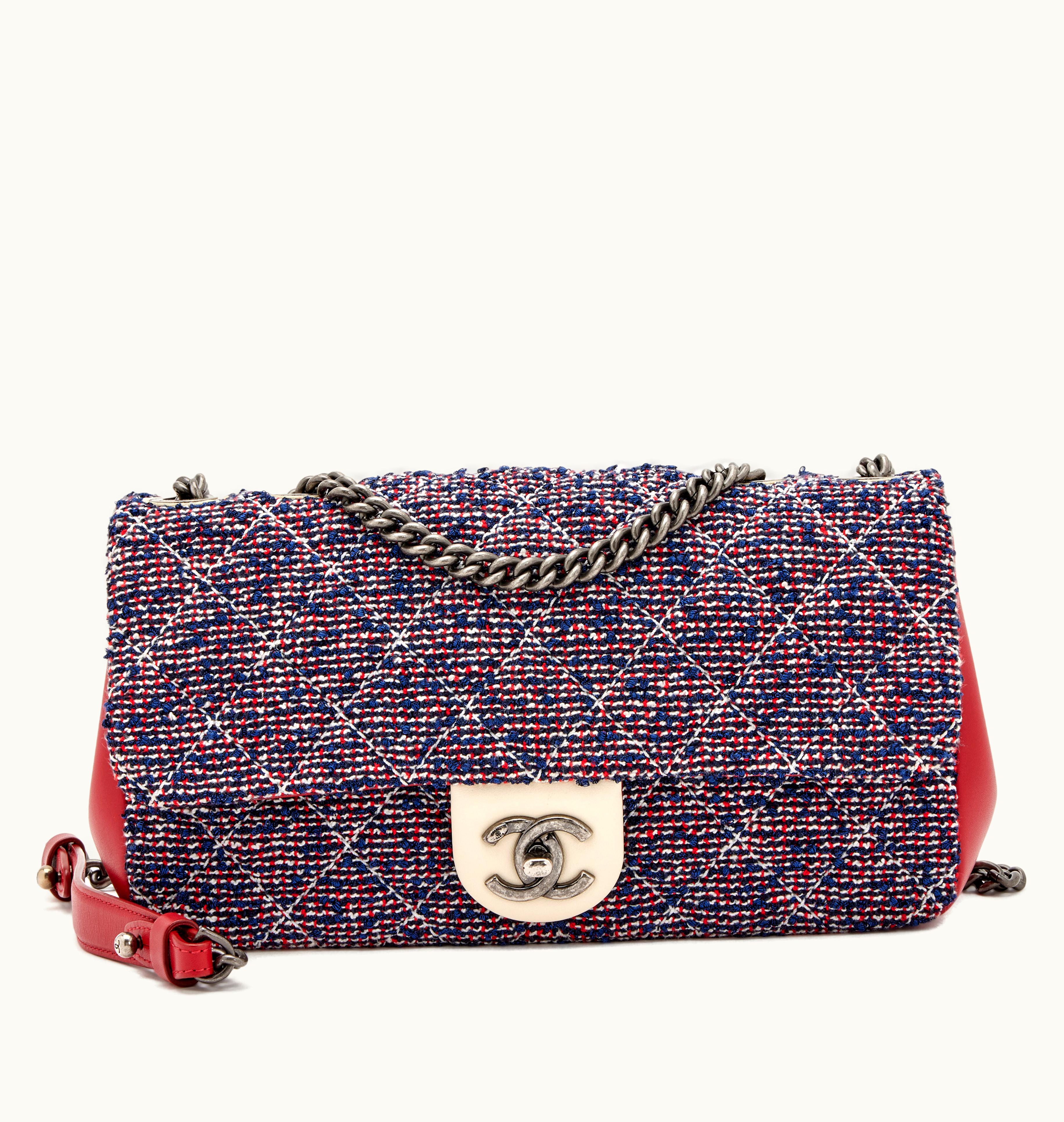 Chanel Chanel Multicolor Tweed Single Flap Bag with Ruthenium Hardware in Red, Blue, and White shades, from 2016-2017