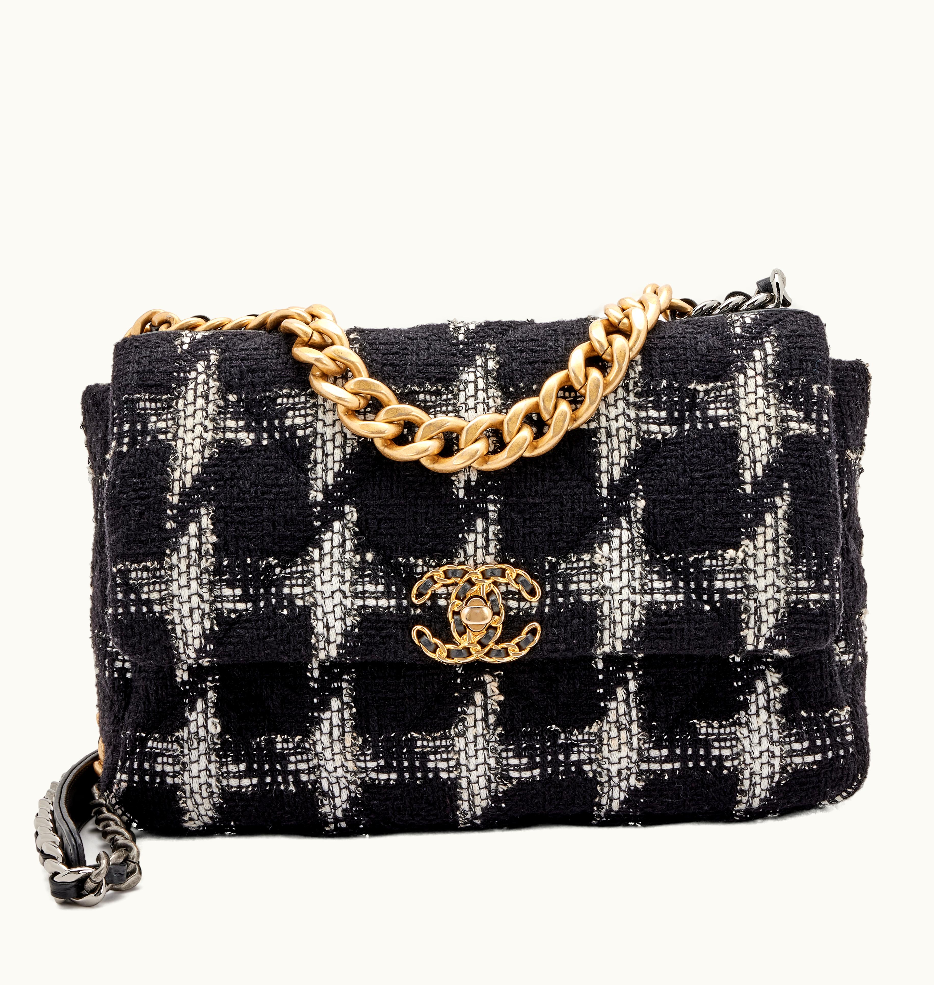 Chanel Chanel 19 Flap Gold and Ruthenium Hardware Medium Quilted Tweed in Black and White, 2020
