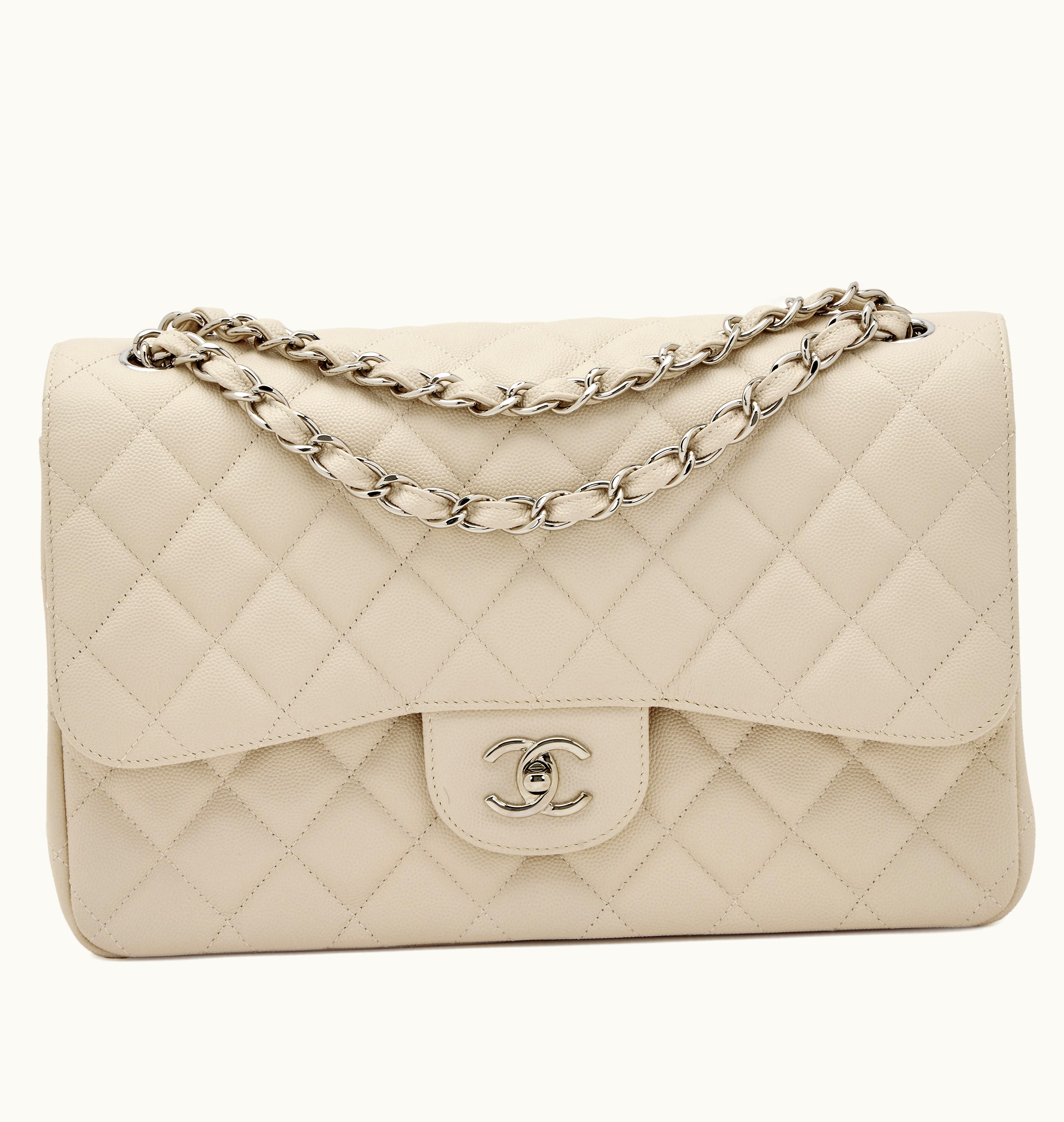 Chanel Chanel 2017-2018 Chanel Jumbo Double Flap Bag in Cream White Quilted Caviar, adorned with Silver Hardware