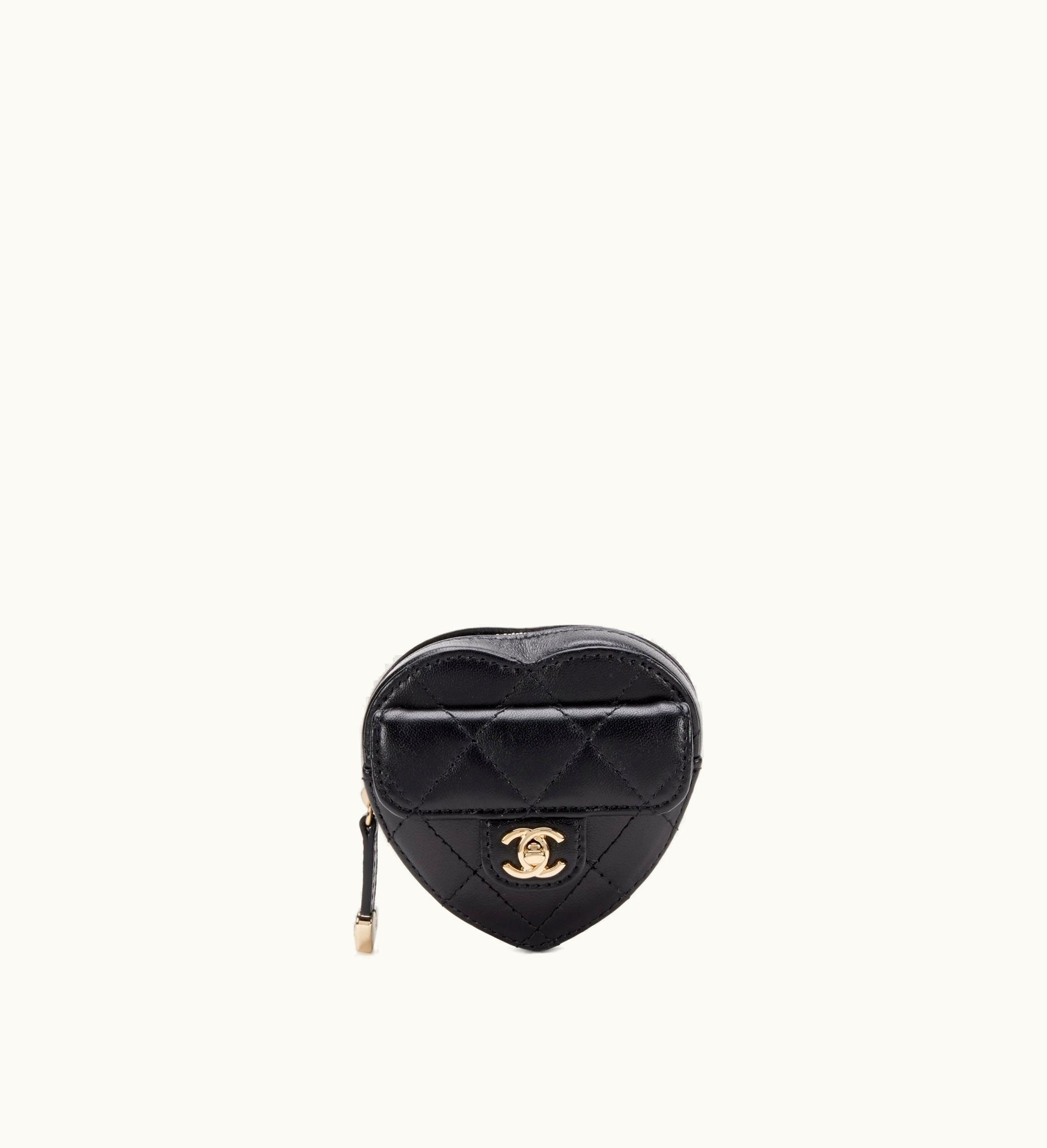 Chanel 2022 Chanel Gold Hardware Heart Coin Wrist Purse, Quilted Black Lambskin with Zipped Closure