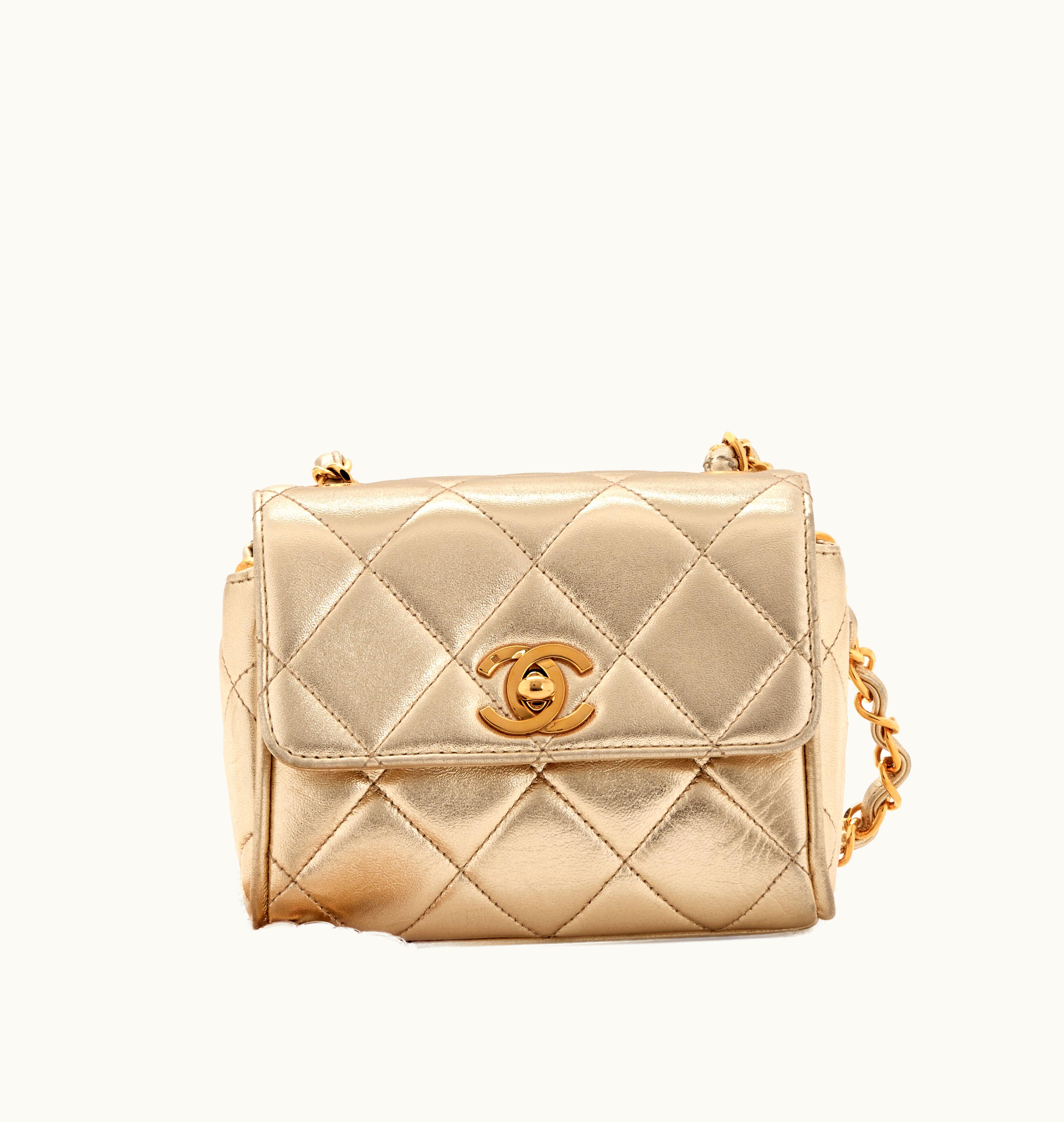 Chanel Vintage Chanel Mini Flap in Metallic Gold Quilted Lambskin with Gold Hardware, from the years 1994 to 1996