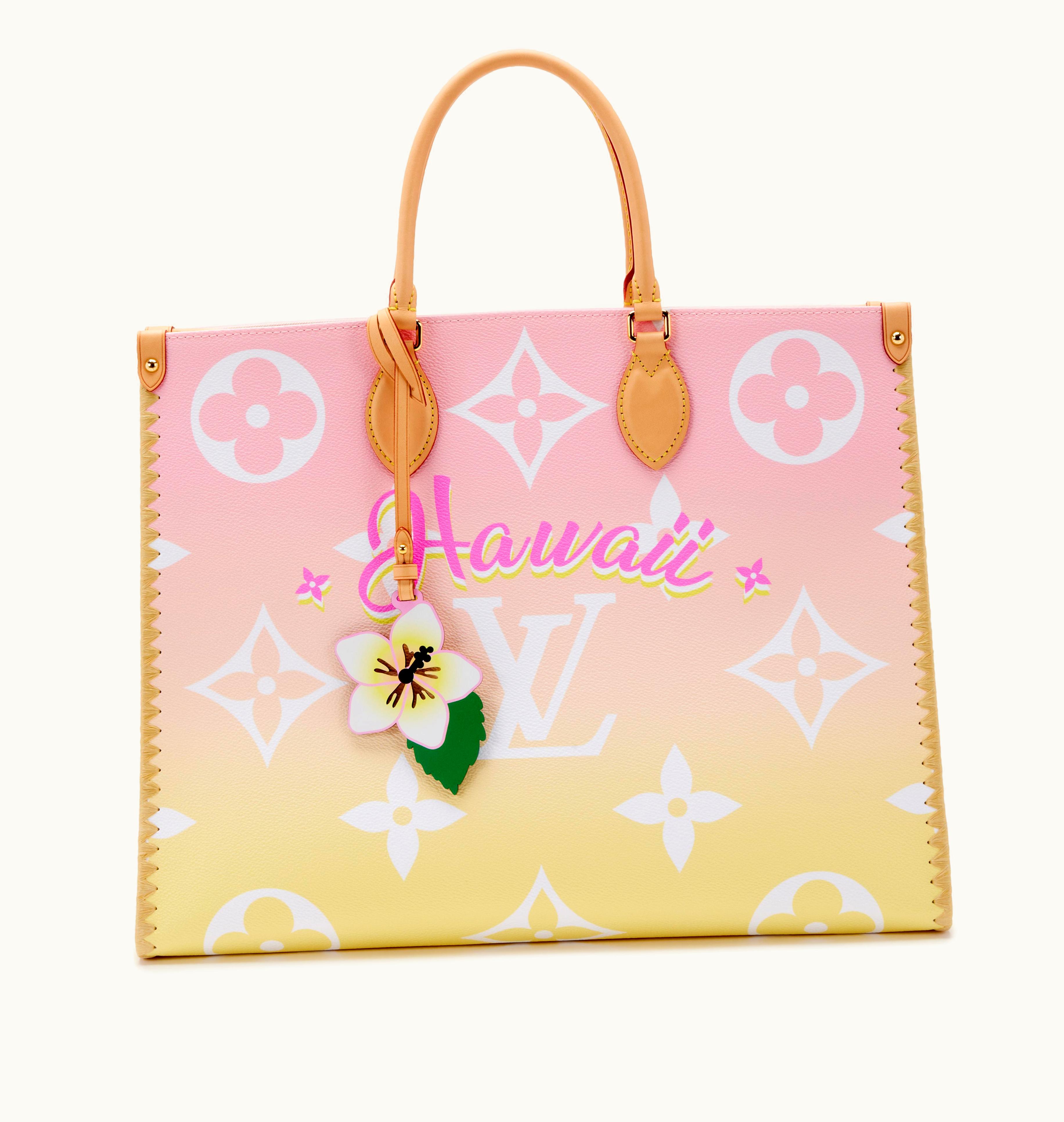 Louis Vuitton Hawaii OnTheGo GM Gold Hardware in 2021 features a Louis Vuitton Light Pink and Yellow Giant Monogram Canvas with Raffia By the Pool