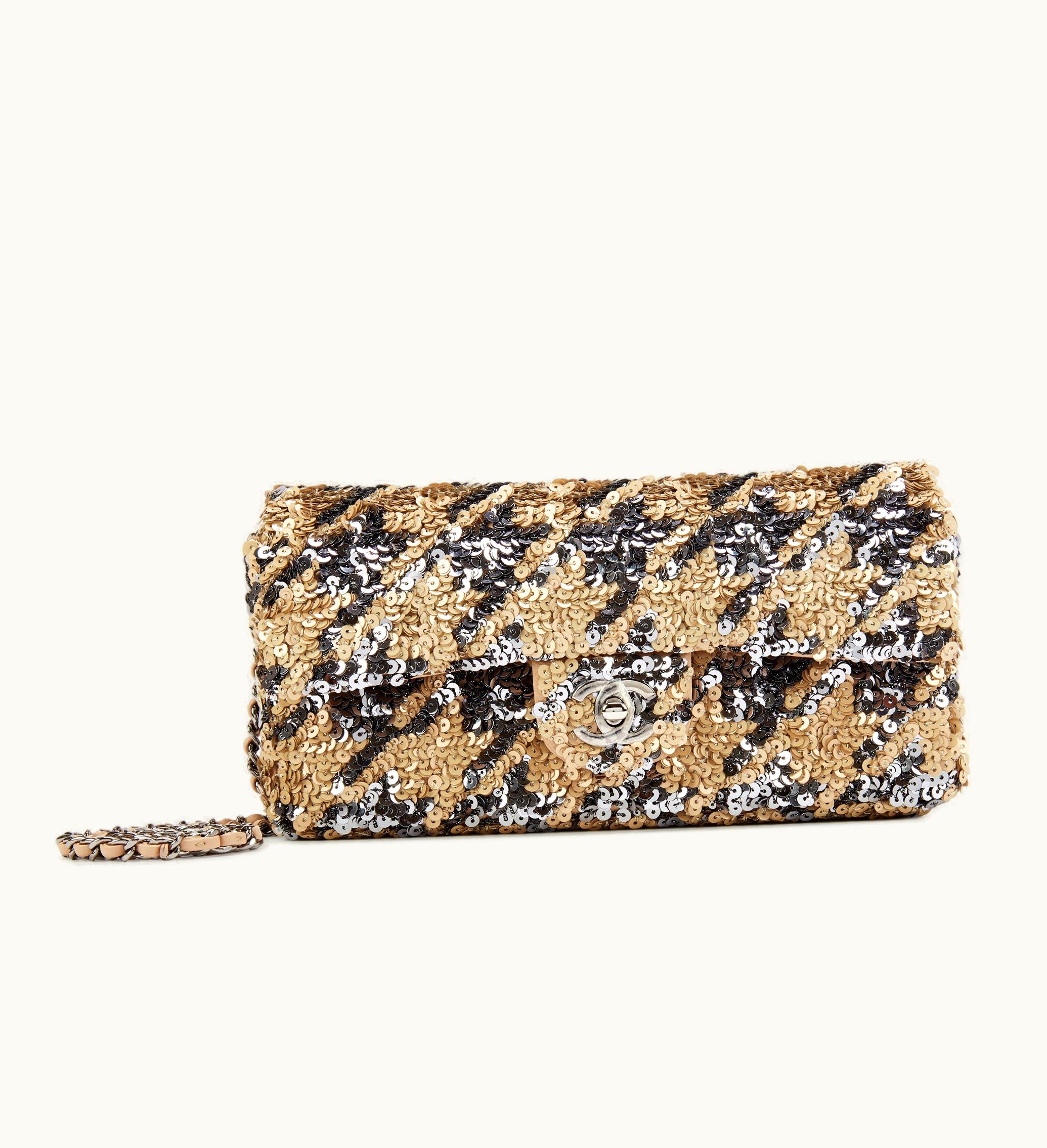 Chanel Sequin and Lambskin East/West Single Flap in Beige and Gray with Ruthenium Hardware, 2020