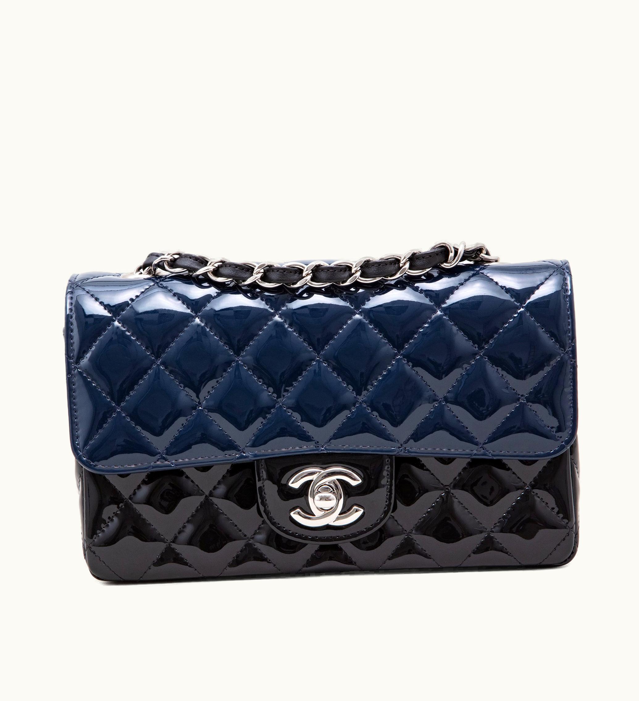 Chanel Mini Rectangular Classic Single Flap Bag in Quilted Patent, Black and Navy, with Silver Hardware, 2021