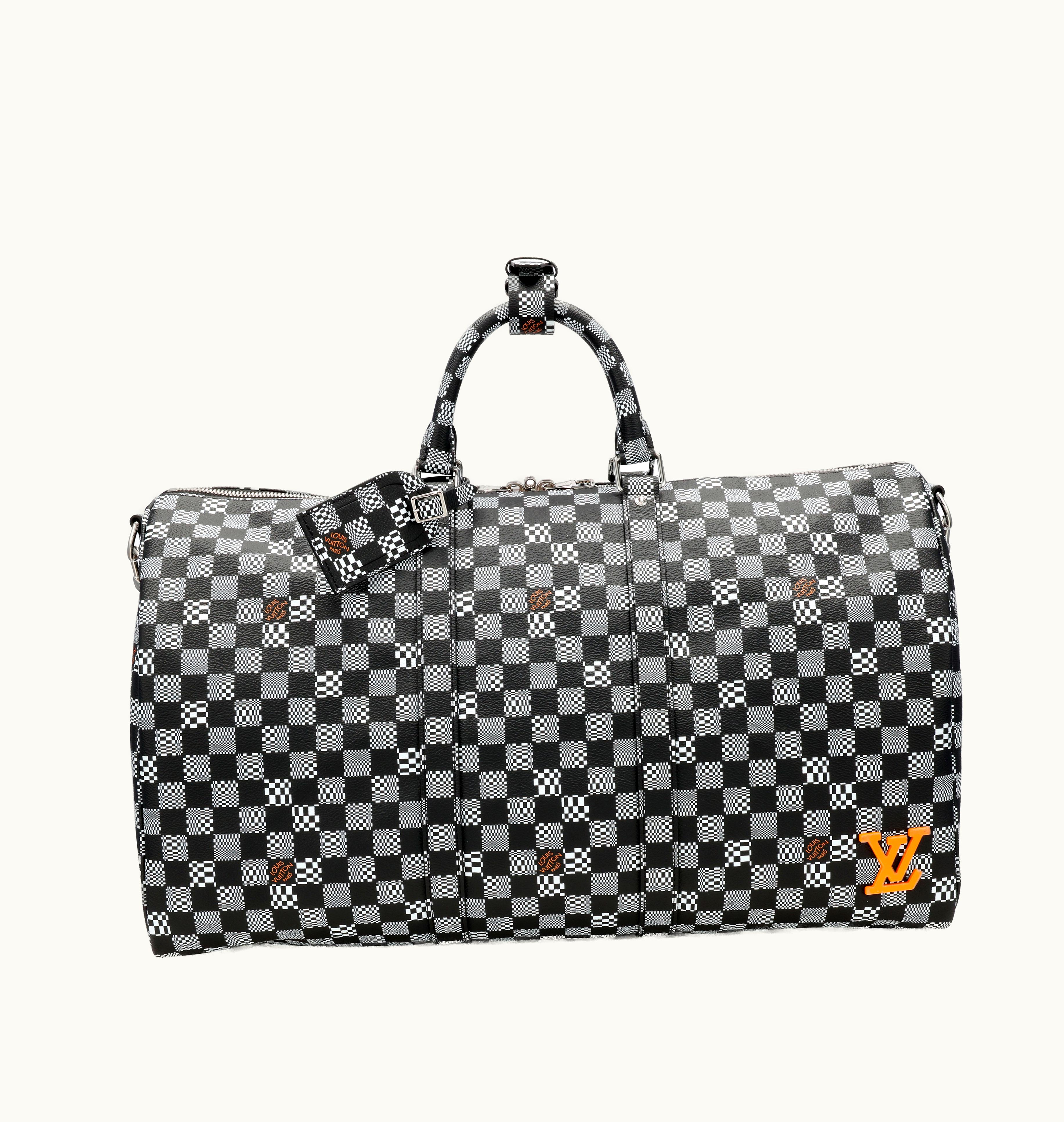 Louis Vuitton Virgil Abloh Black, White and Orange Damier Distorted Coated Canvas Keepall Bandoulière 50 Silver Hardware, 2021