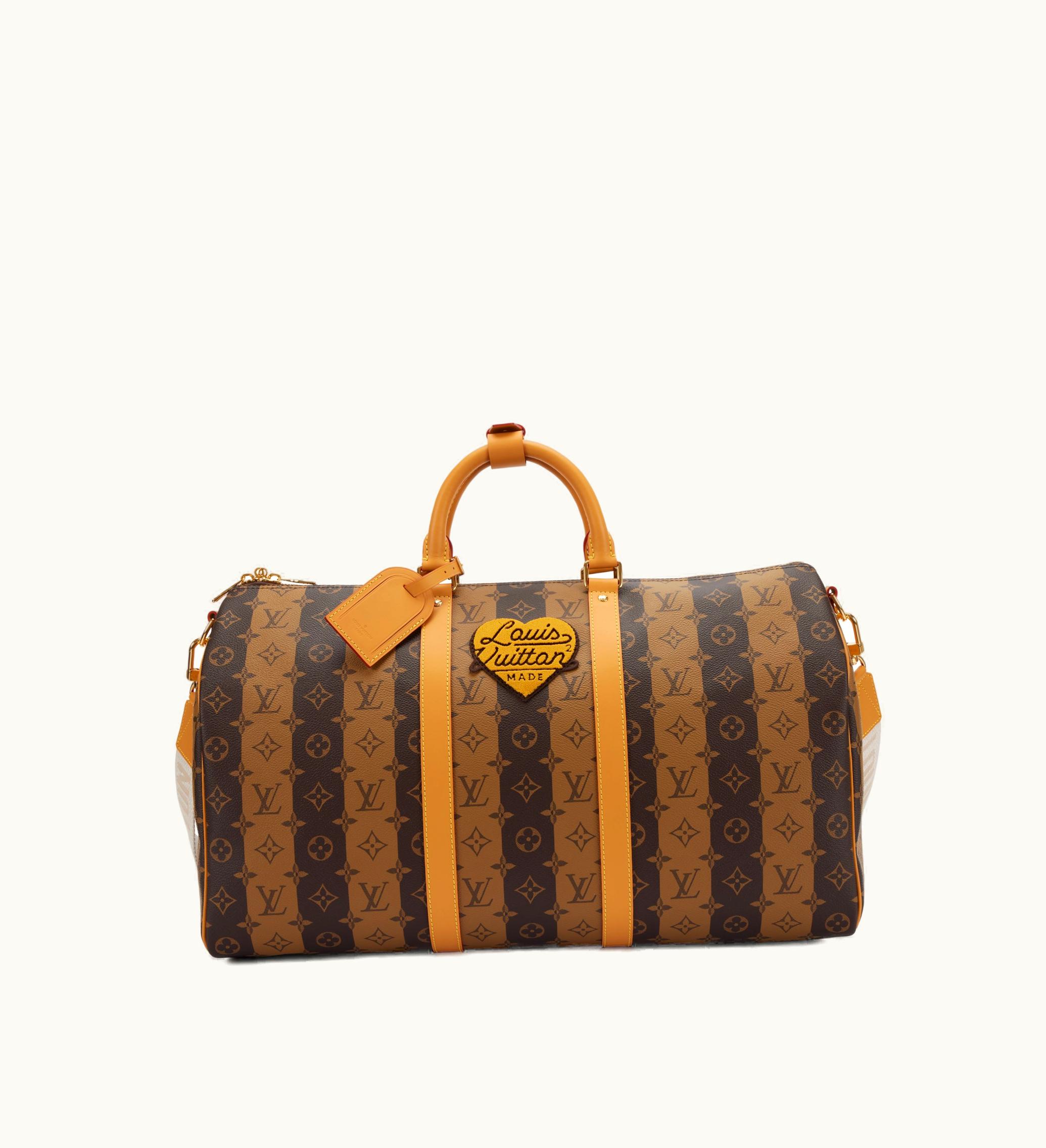 Louis Vuitton Virgil Abloh NIGO Keepall Bandoulière 50 in Brown Monogram Stripes Coated Canvas with Gold Hardware from the year 2021