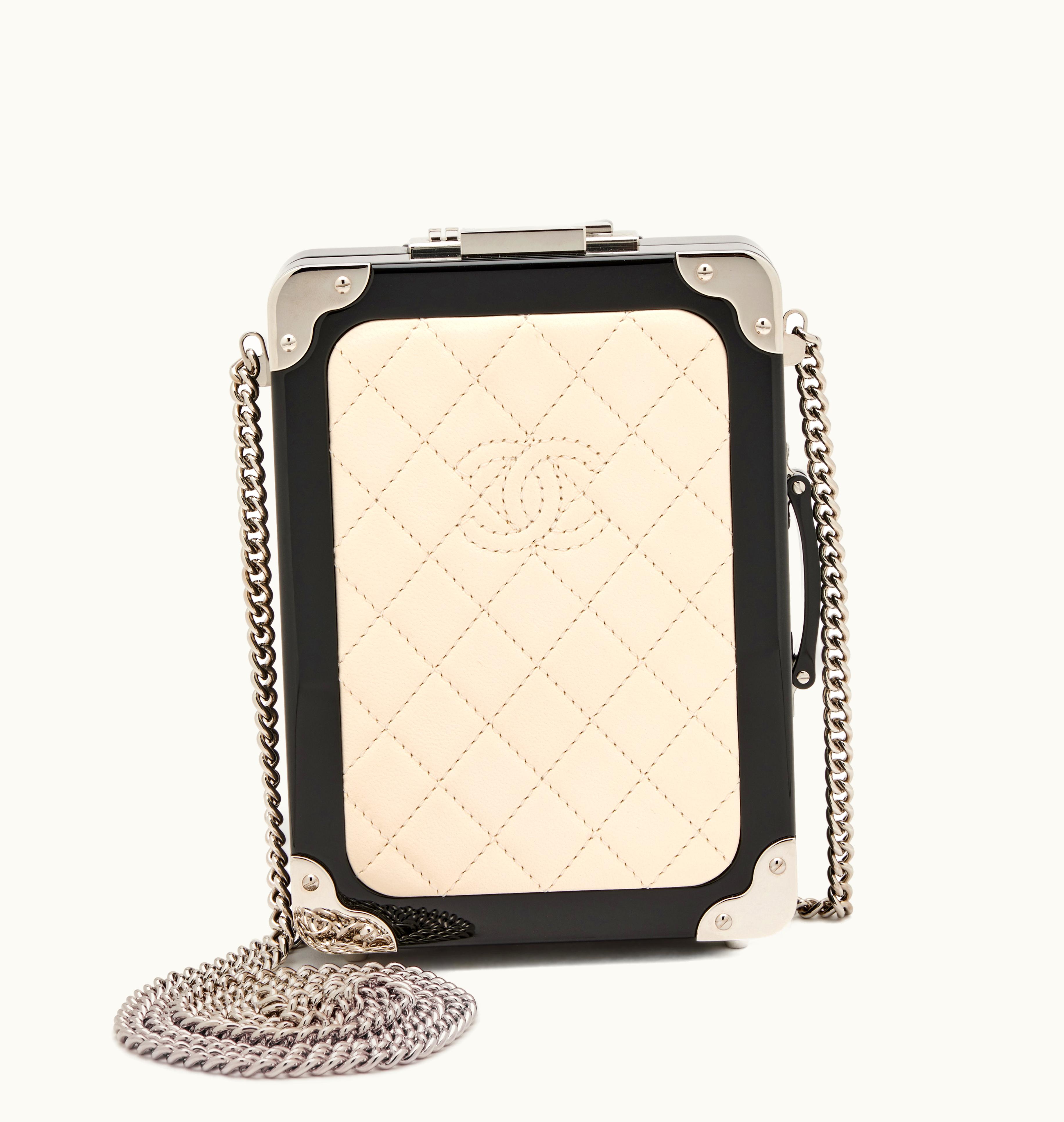 Chanel Cream White Quilted Lambskin and Black Plexiglass Evening In The Air Mini Trolley Minaudiere Clutch Silver Hardware, 2016