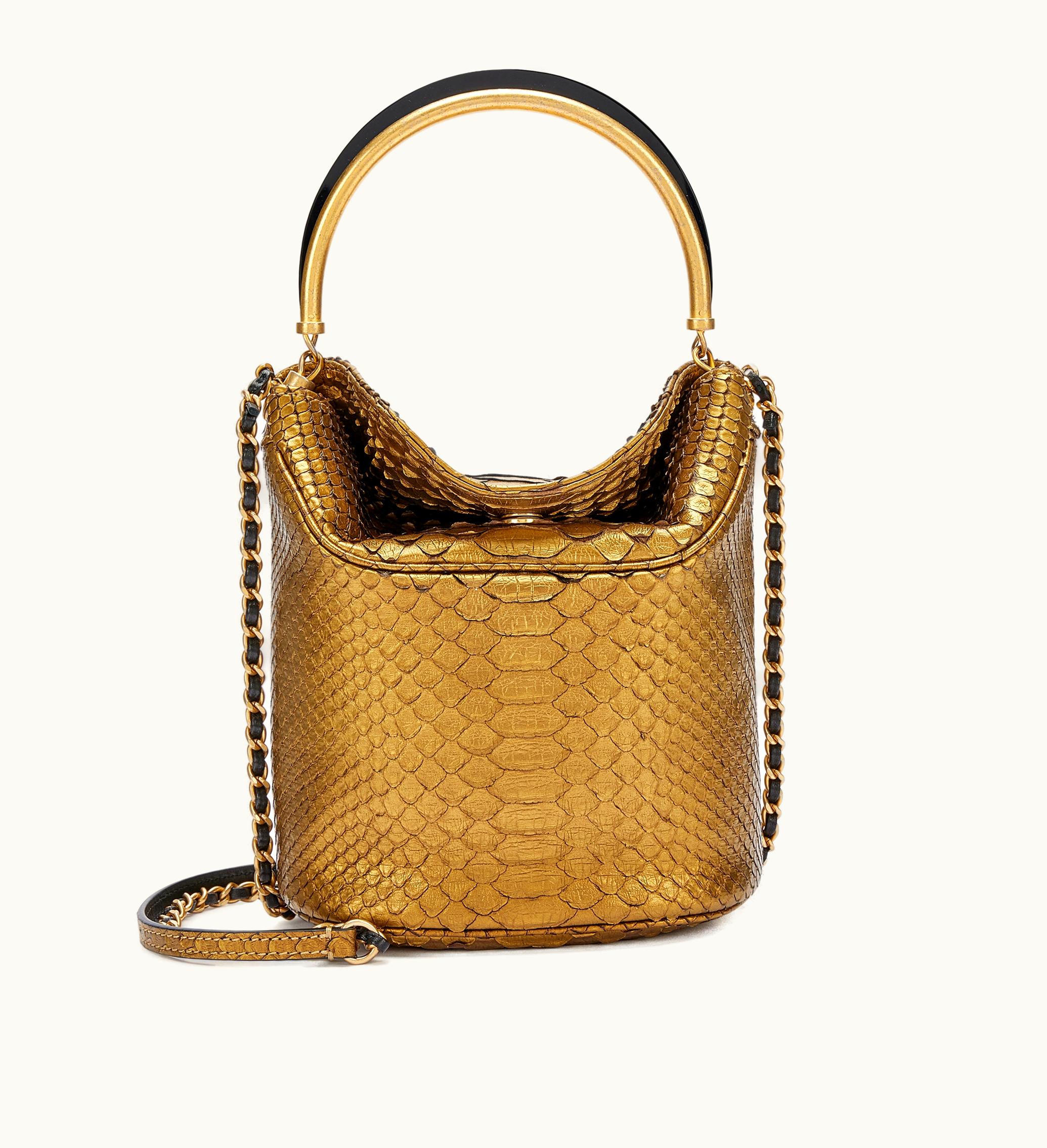 Chanel Gold Python Bucket Bag, adorned with Chain Gold Hardware, from the collection of 2018-19