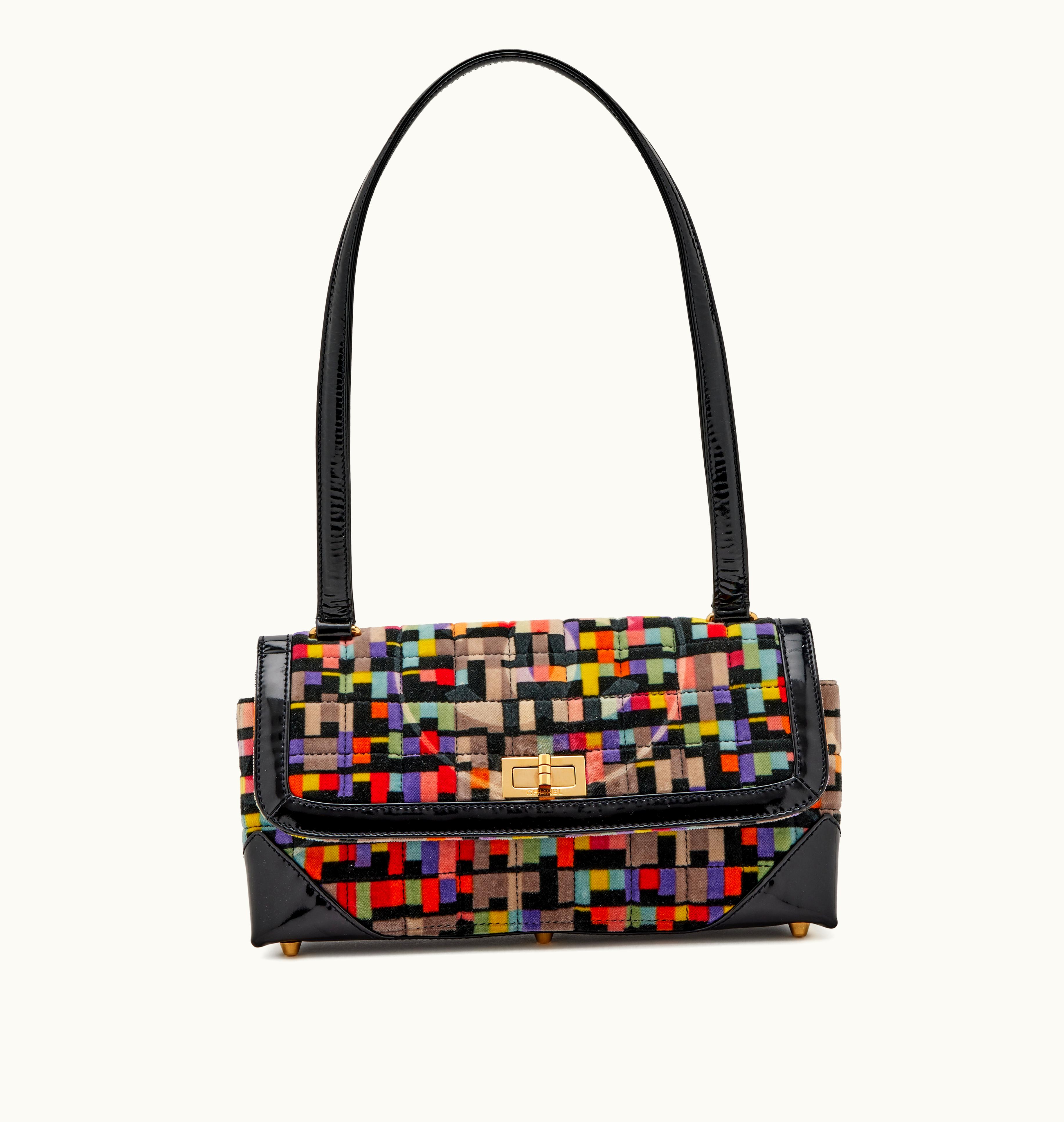 Chanel Multicolor Velvet Quilted Cubist Mademoiselle Lock Flap in Black Patent with Gold Hardware, 2000-2002