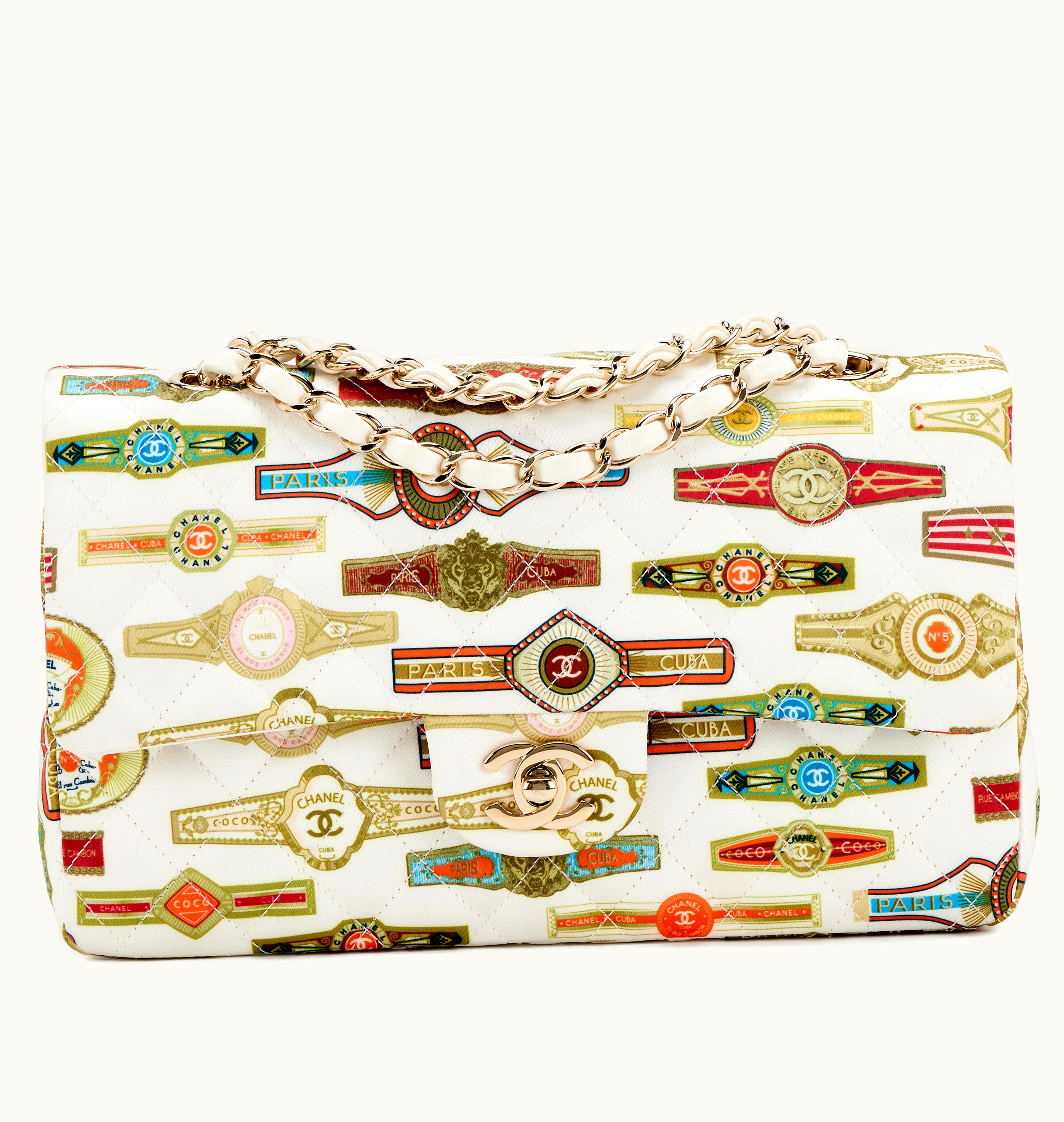 Chanel 2017 Medium Double Flap Gold Hardware Cream Satin Multicolor Quilted Paris Cuba Cigar Label Print