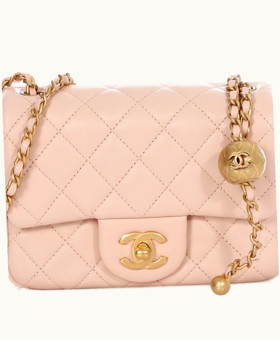 Chanel 2022 Chanel Mini Pearl Crush Classic Flap with Brushed Gold Hardware in Light Pink Quilted Lambskin
