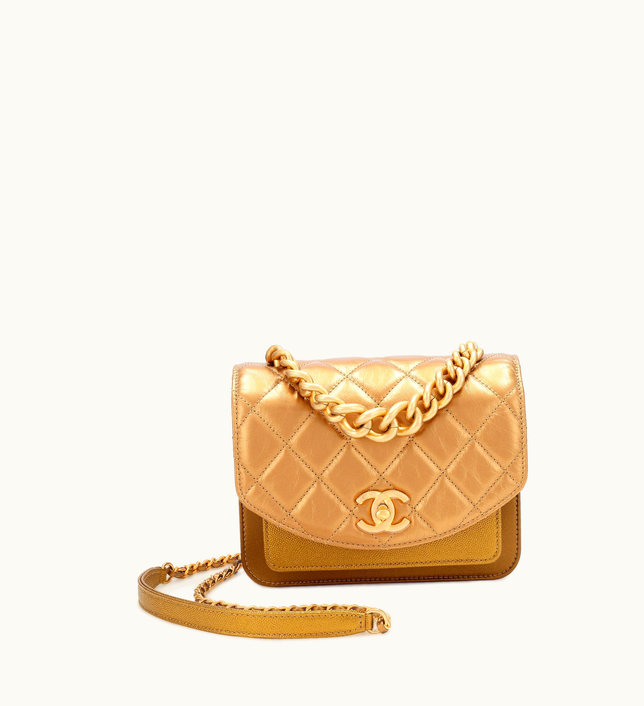 Chanel 2019 Chanel Flap Bag in Gold with Chain Handle, Features Quilted Calfskin and Caviar, Enhanced with Gold Hardware
