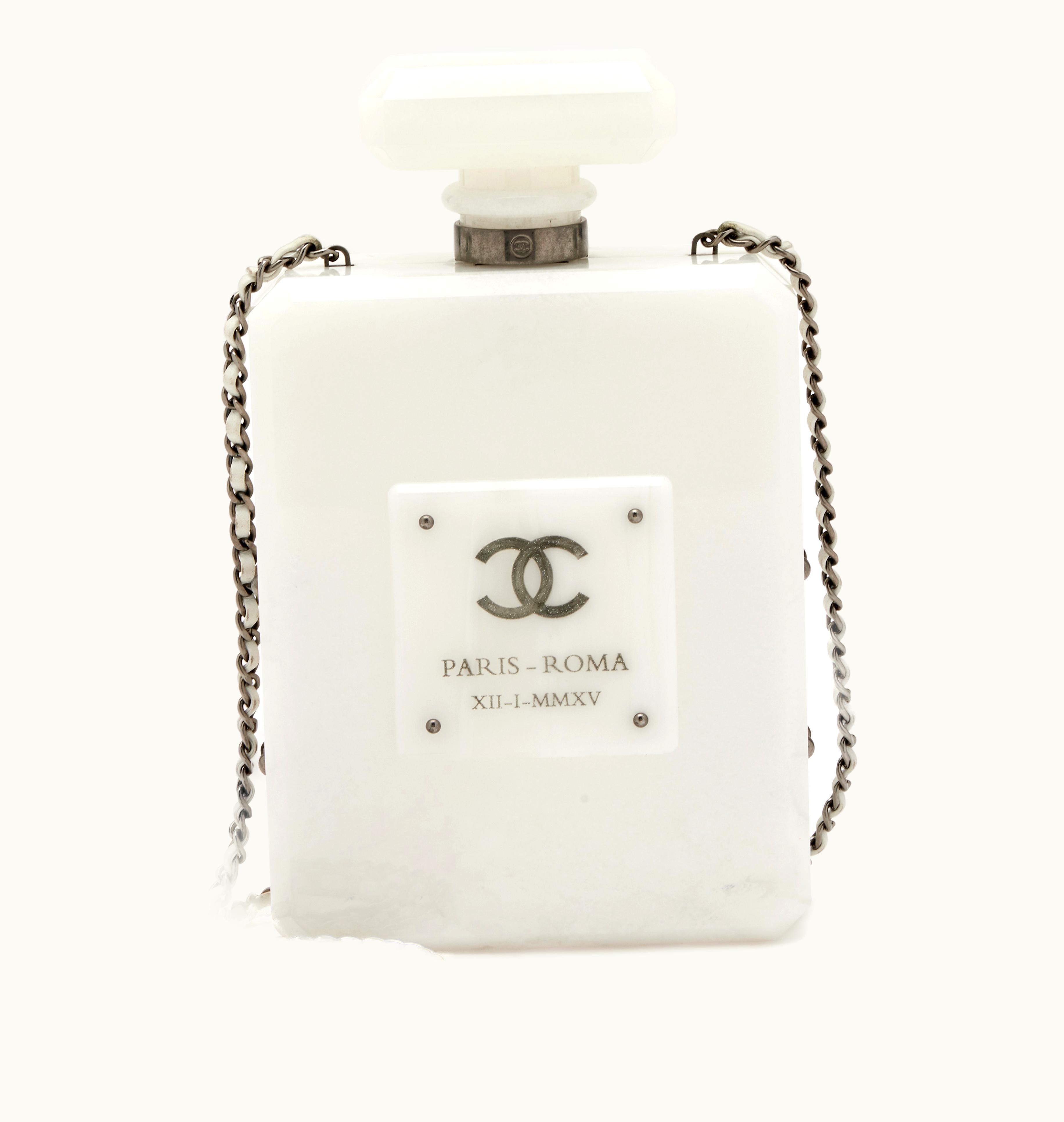 Chanel White Marble Plexiglass A Métiers D'Art Paris-Rome No 5 Perfume Bottle Minaudiere Clutch Gunmetal Hardware, 2016