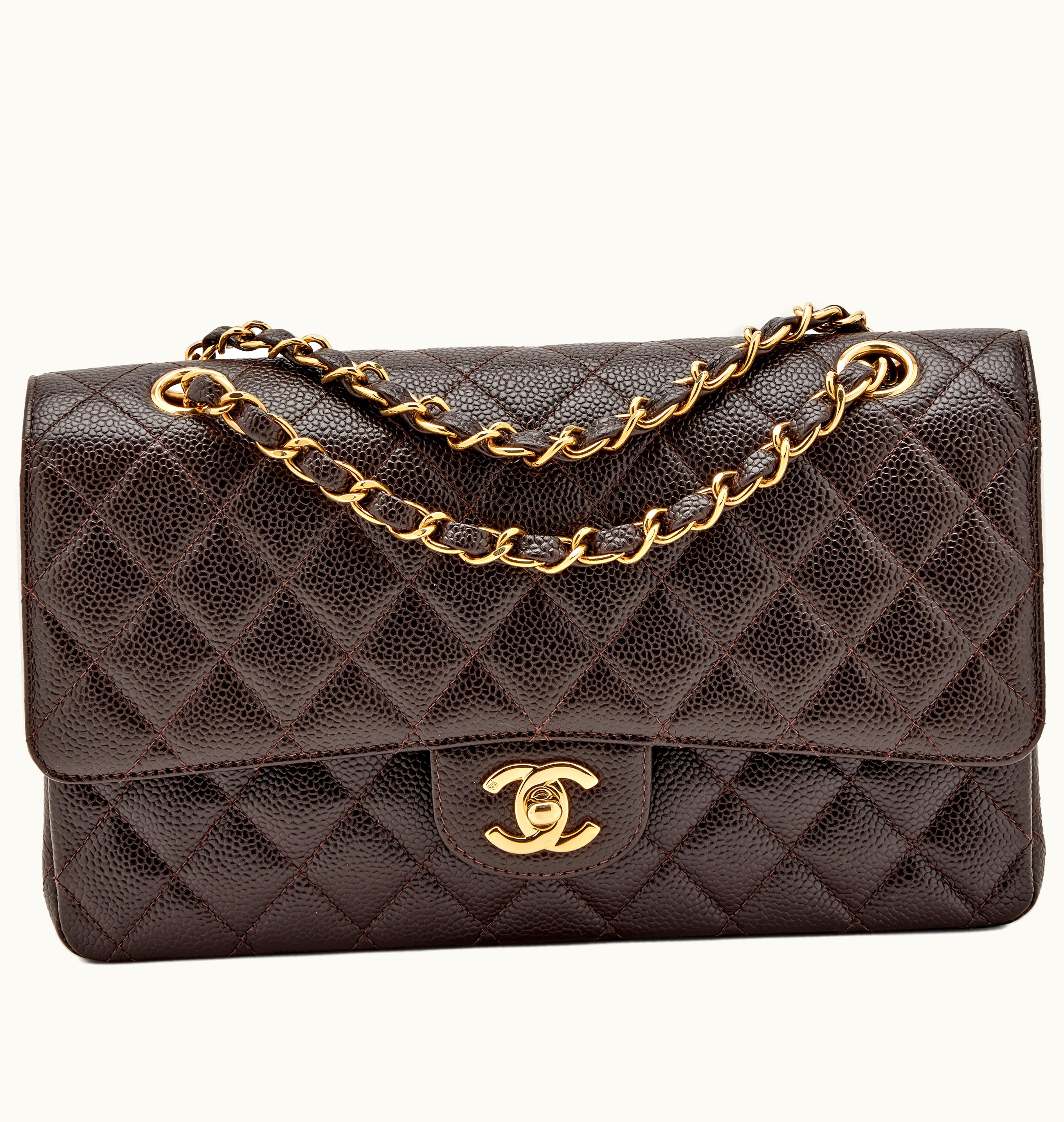 Chanel Dark Brown Quilted Caviar Classic Medium Double Flap Bag Gold Hardware, 2002-2003