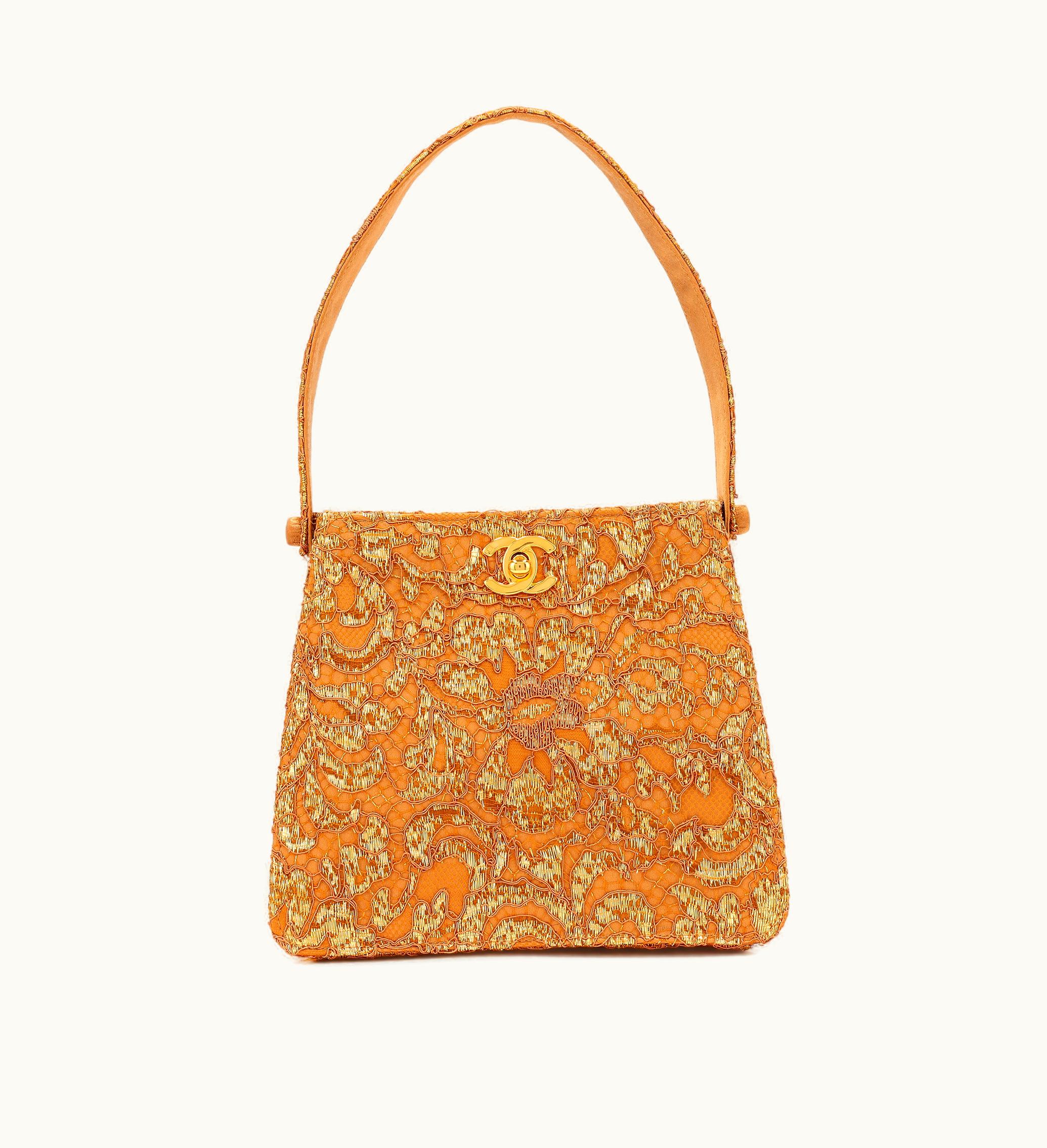 Chanel 1997-1999 Chanel Gold Lace Satin Double-Sided CC Top Handle Bag with Gold Hardware