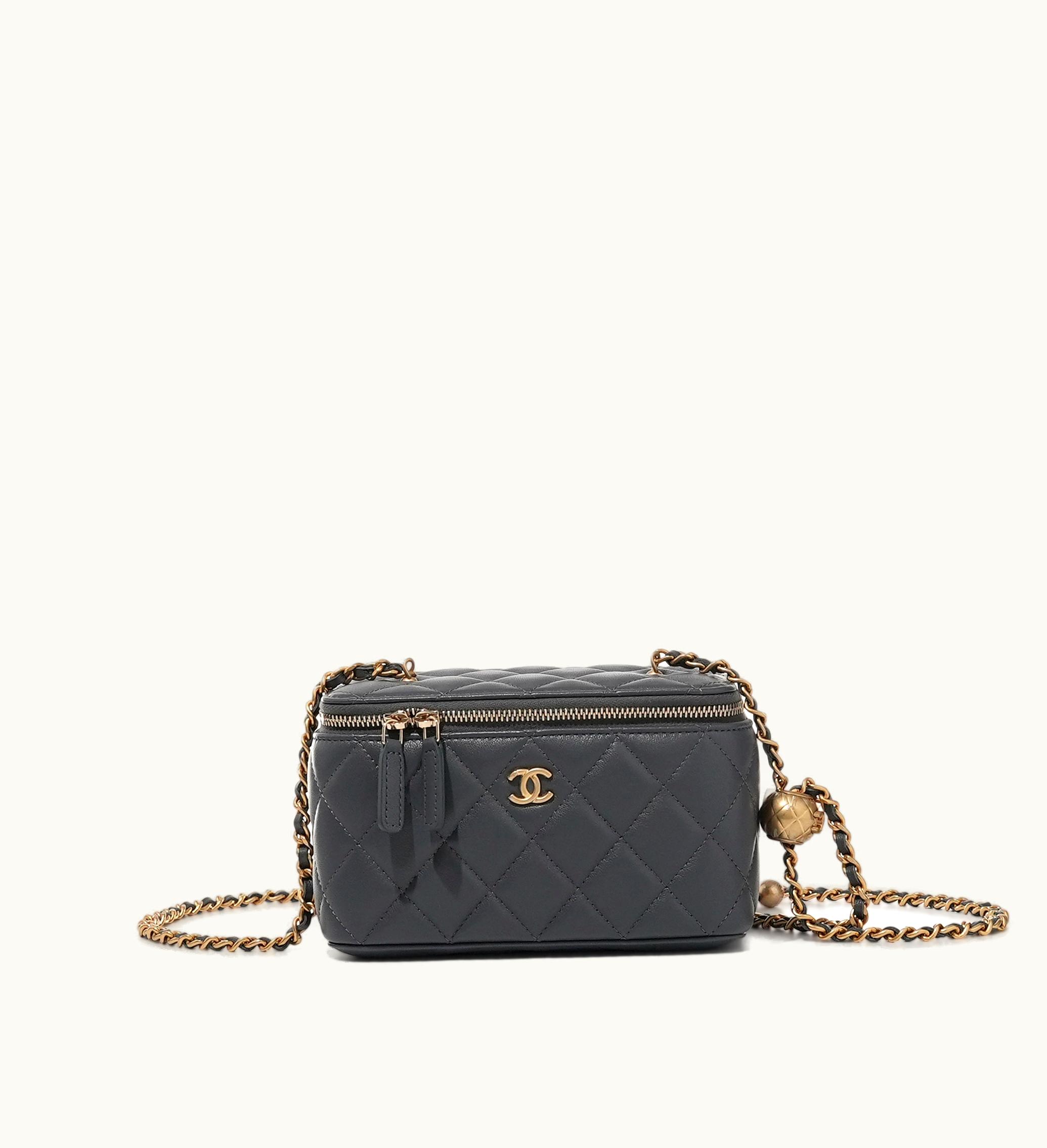 Chanel 2023 Chanel Golden Hardware Vanity Case in Grey Quilted Lambskin with Pearl Crush