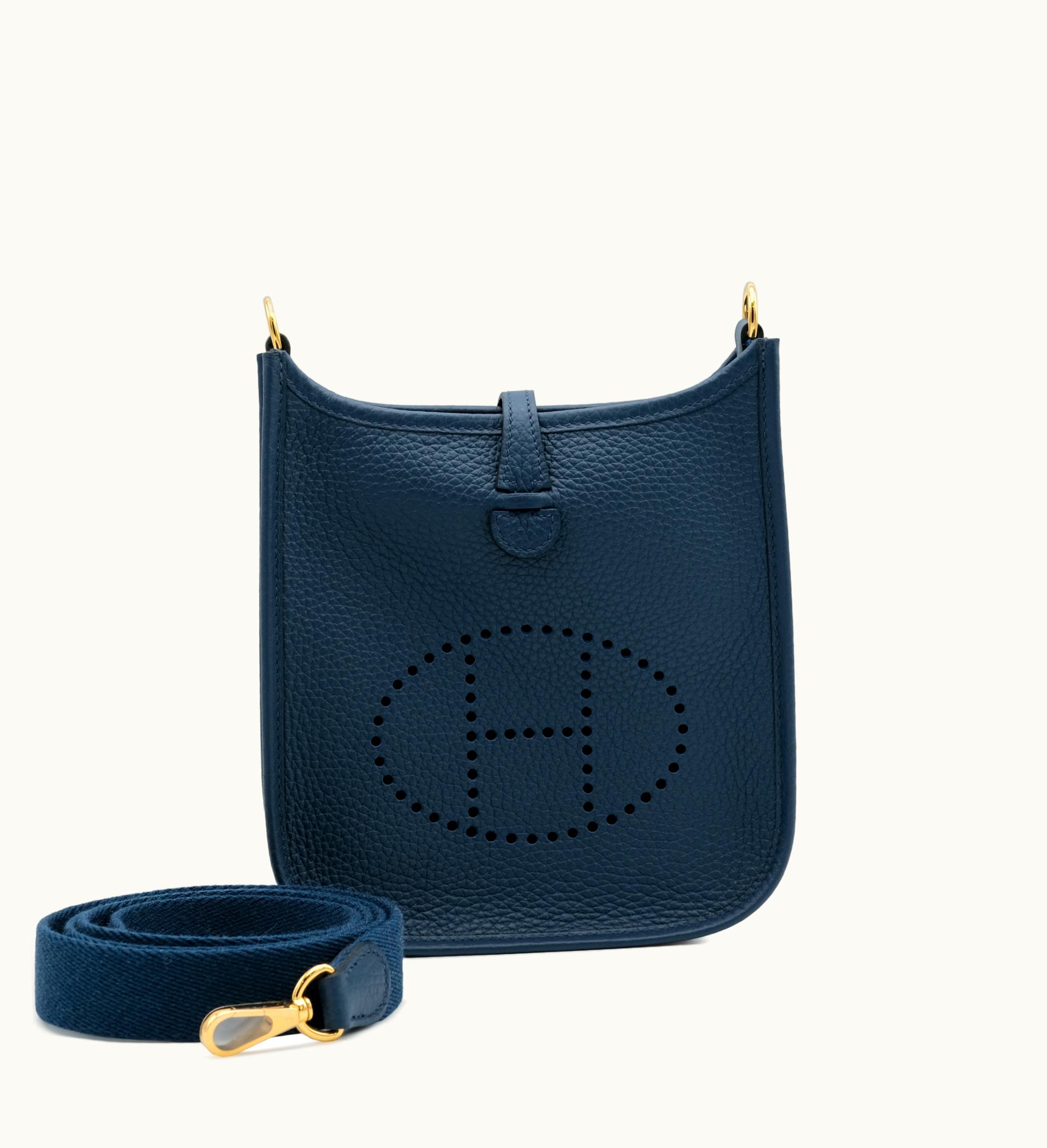 Hermès 2023, Hermès Mini Evelyne II TPM 16 in Bleu de Prusse Clemence with Gold Hardware