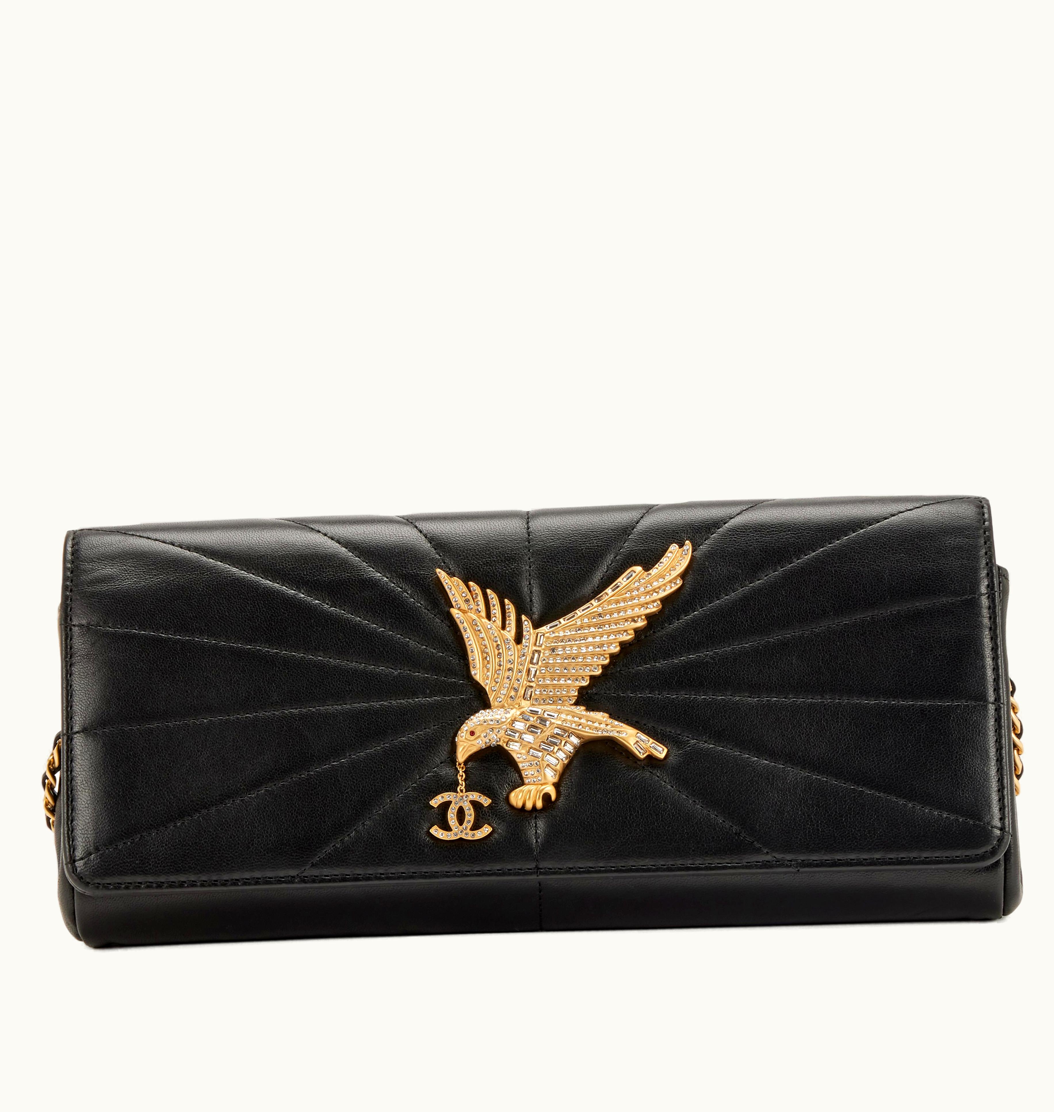 Chanel Black Lambskin Clutch with Chain Gold Hardware and Strass Imperial Eagle CC, circa 2000-2002