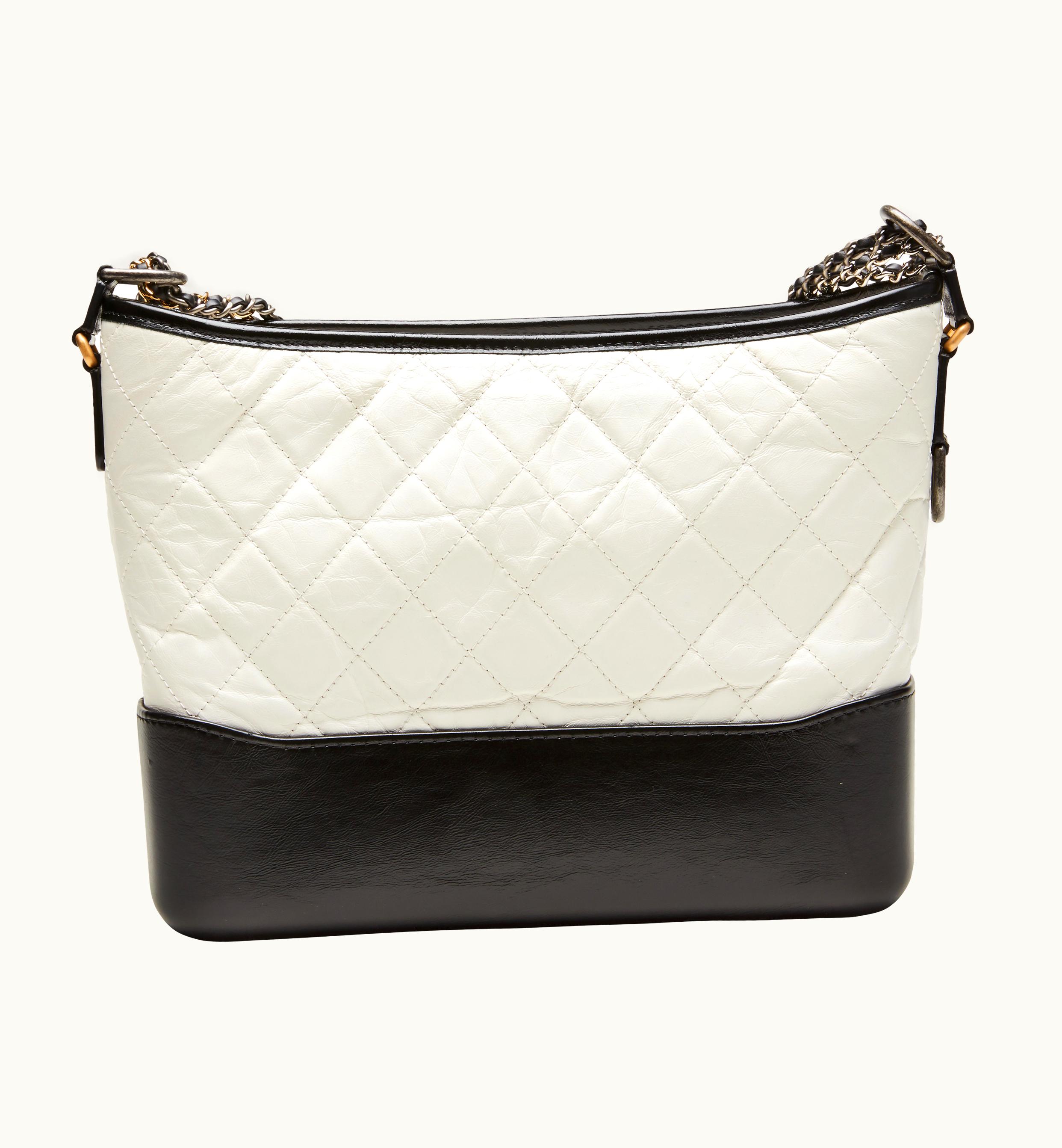 Chanel White and Black Quilted Aged Calfskin Medium Gabrielle Hobo Ruthenium, Gold, and Silver Hardware, 2017-2018