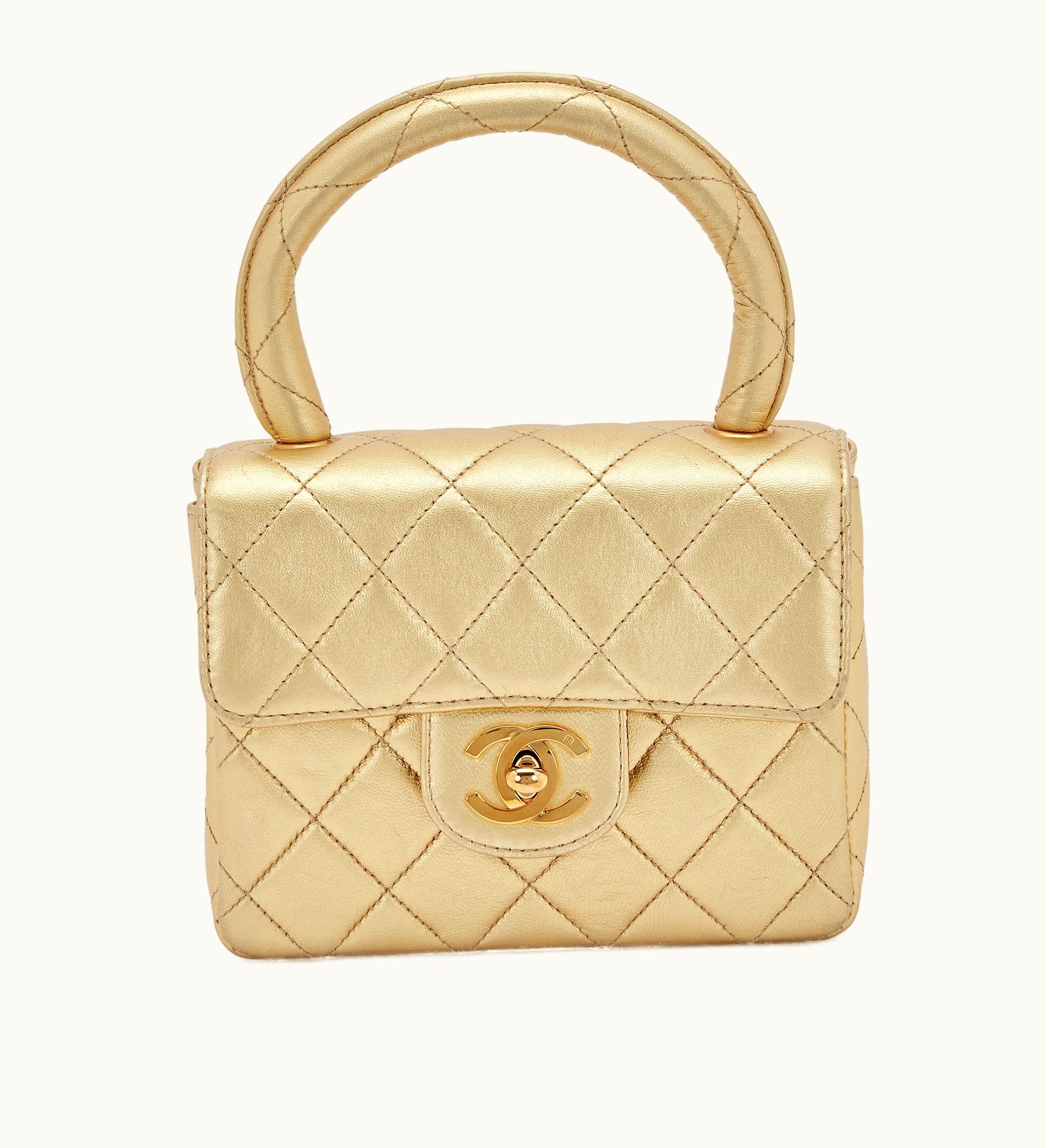 Chanel Metallic Gold Quilted Lambskin CC Top Handle Mini Kelly Bag Gold Hardware, 1991-1994