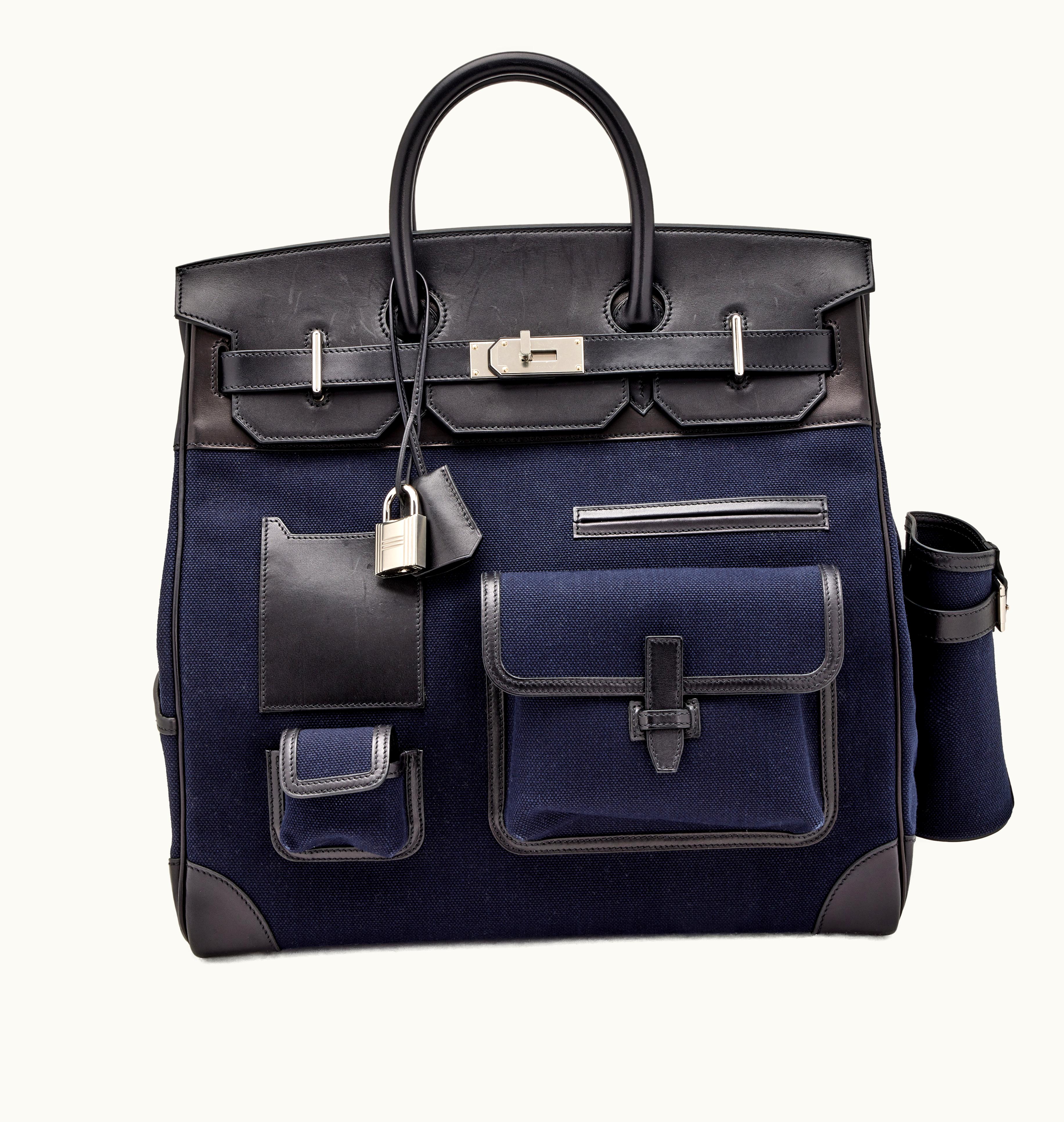 Hermès Navy Blue Canvas & Black Calfskin Cargo HAC 40 with Palladium Hardware, 2021