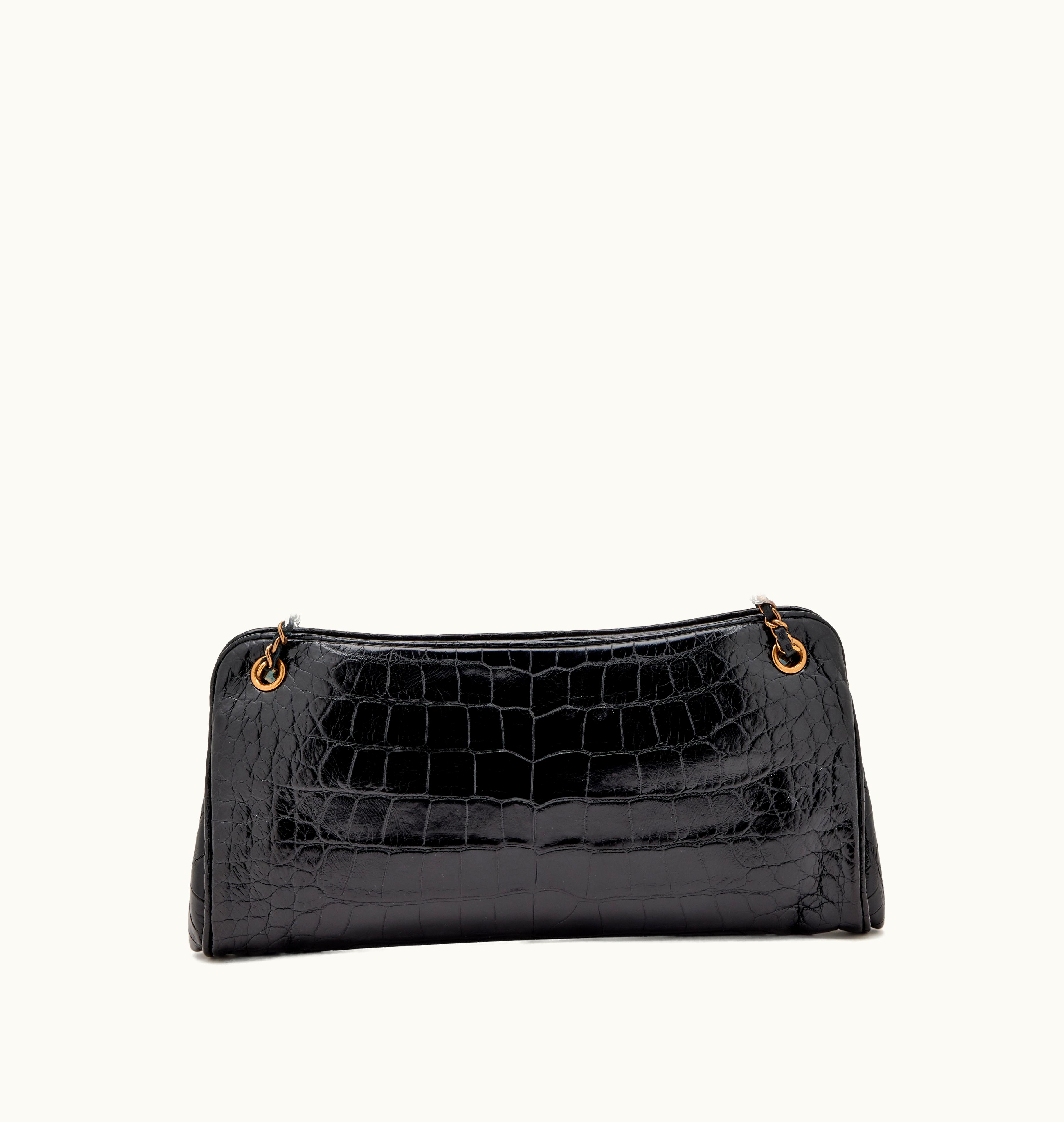 Chanel Chanel Black Alligator Kisslock Frame Clutch Shoulder Bag with Chain Antiqued Gold Hardware, 2015