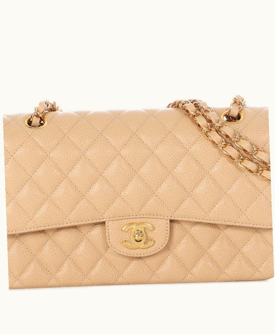 Chanel 2013 Chanel Medium Classic Double Flap in Beige Caviar with Quilted Texture and Gold Hardware