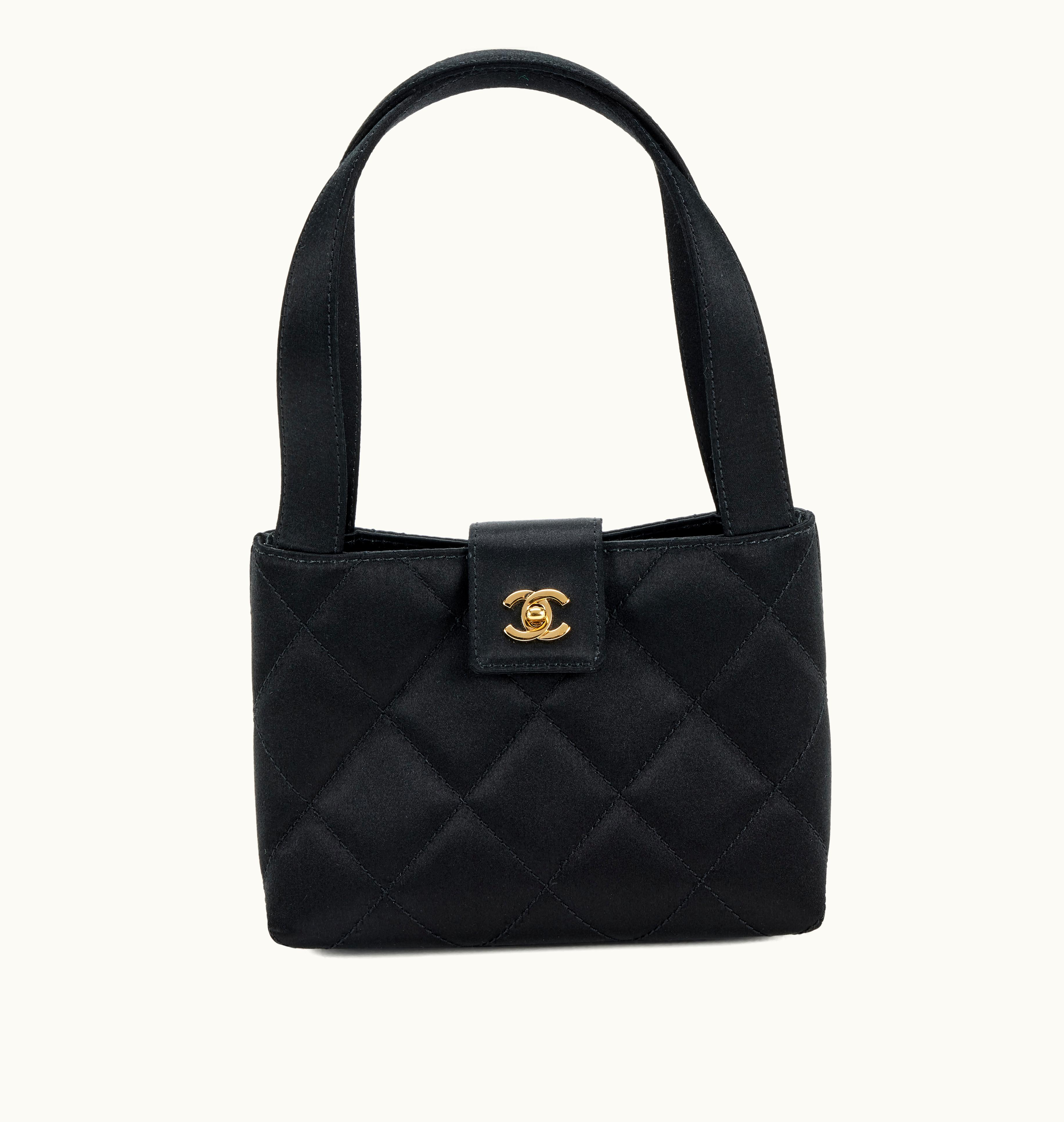 Chanel Mini Top Handle Bag in Black Quilted Satin with Gold Hardware, manufactured between 2000 and 2002